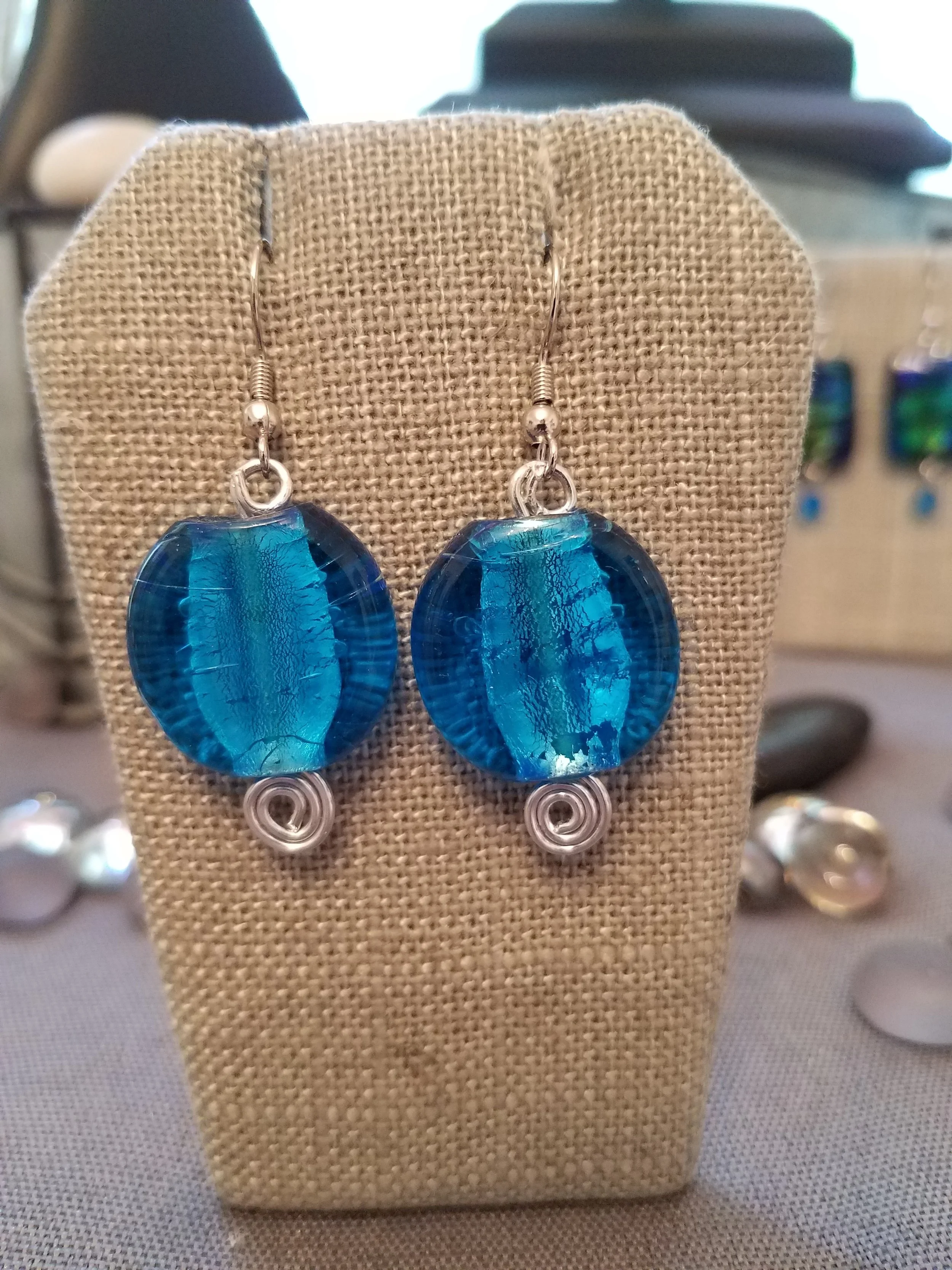 Large blue foil murano glass beads with silver crystals