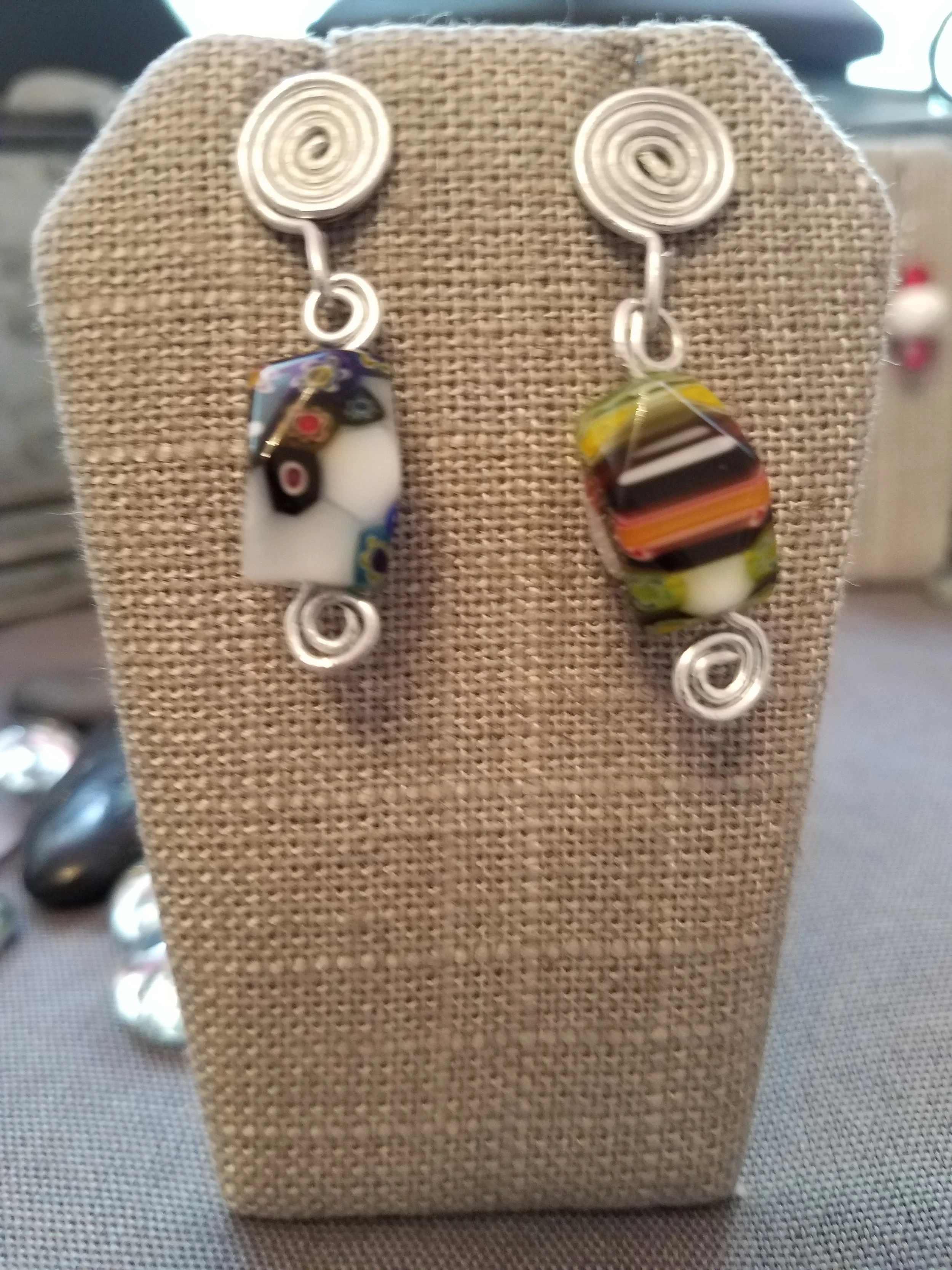 Millefiori bead with silver curls post earrings