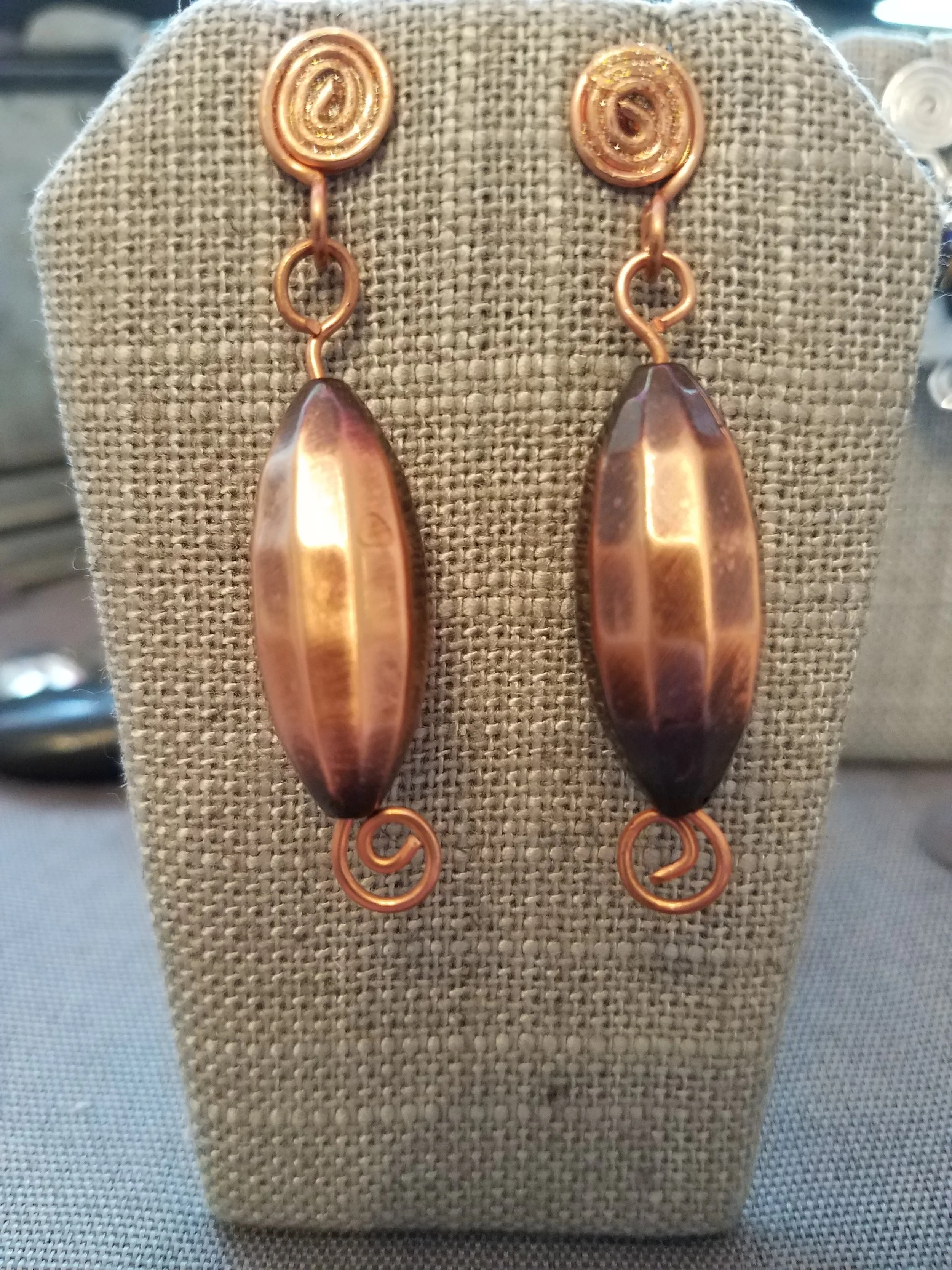 Copper oblong bead with copper curls- post earrings