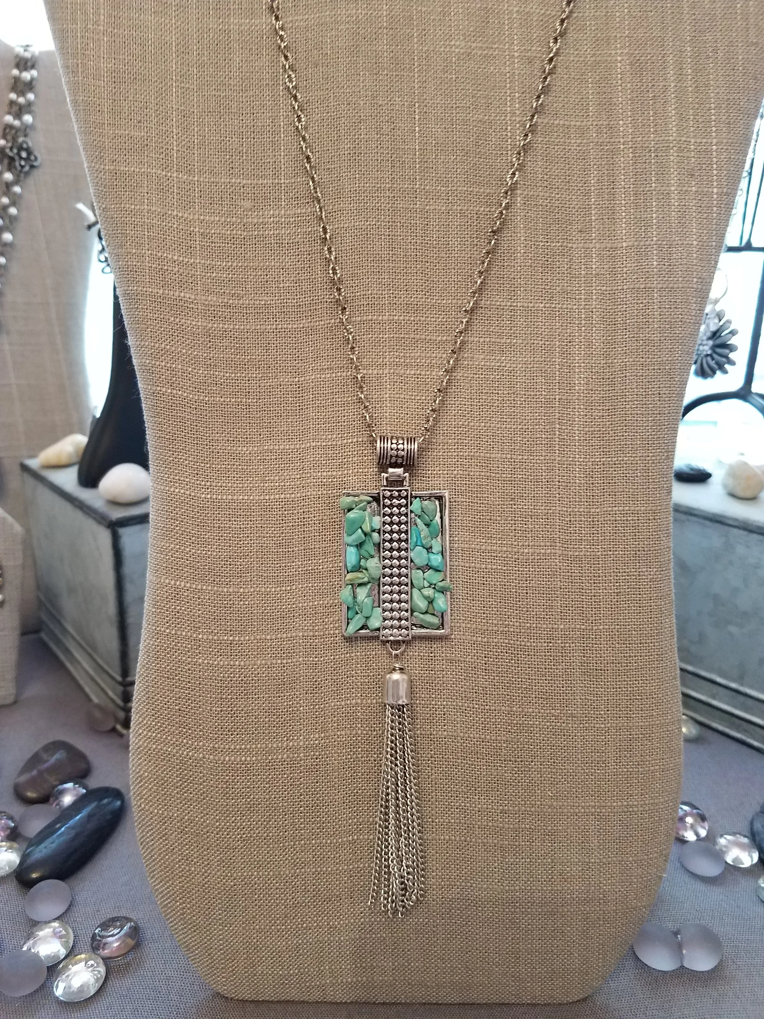 Turquoise chips pendant with silver tassel 30-36”