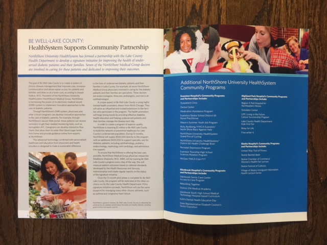 This is a spread from a community relations report. This item on the left is in regards to Be Well Lake County, a multi-partner program for which I designed the marketing and PR plan to reach stakeholders such as perspective patients, referring clinicians, and other community partners.