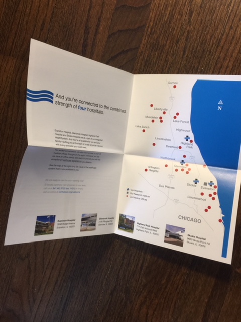 The fully-opened New Mover piece with a map showing the location of NorthShore’s hospitals and primary care locations.