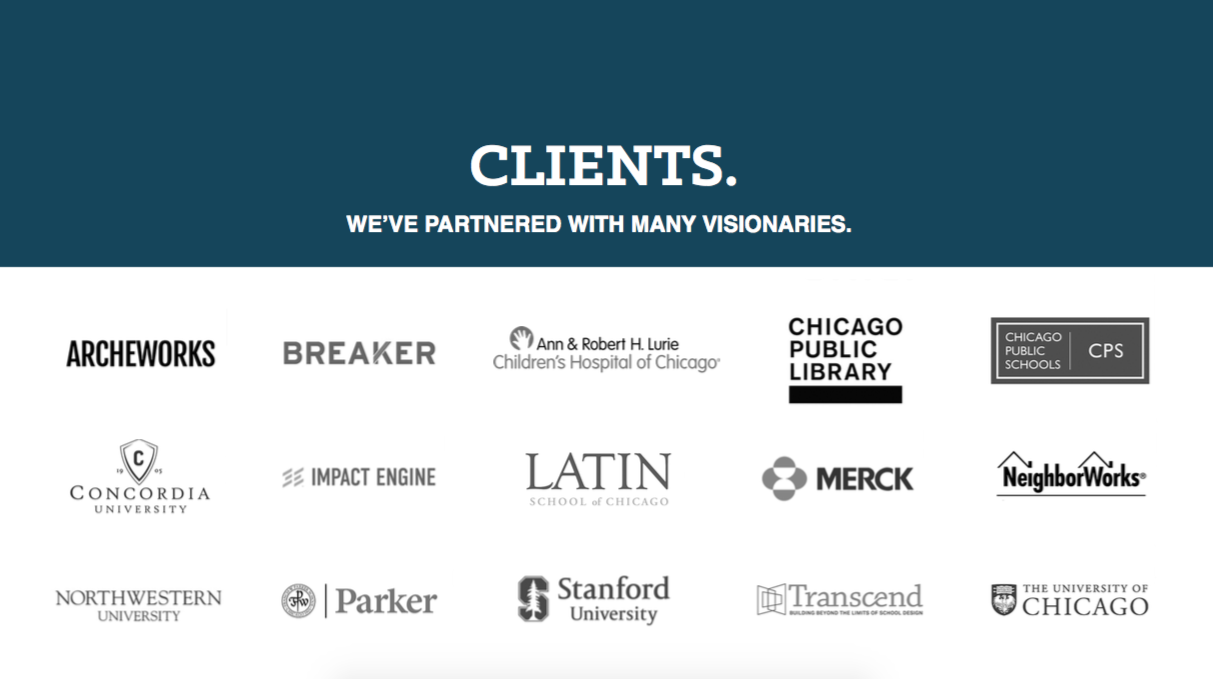 We use human-centered design to create sustainable strategies, tools, programs, and experiences for clients such as the Consortium for School Research at the University of Chicago, Francis W. Parker School, Chicago Public Library, and the Joyce Foundation.