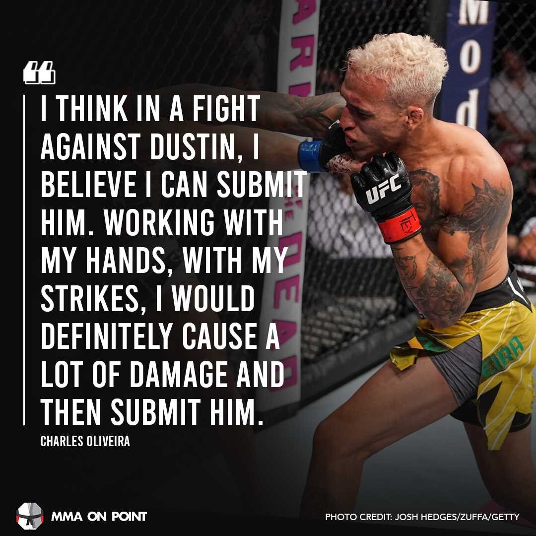 Charles Oliveira sees himself successfully defending his title against Dustin Poirier via submission. How do you see the fight going? 🤔

Source, MMA Fighting: https://www.mmafighting.com/2021/7/22/22587406/charles-oliveira-cause-lot-of-damage-submit