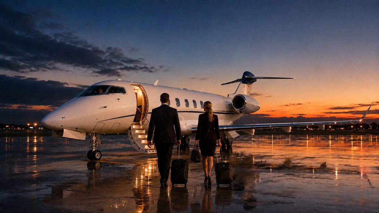 Business Travellers boarding a private jet