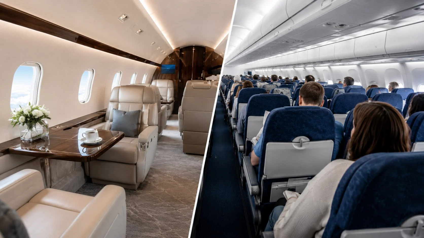 Cabin of a private jet vs cabin of a commercial airliner