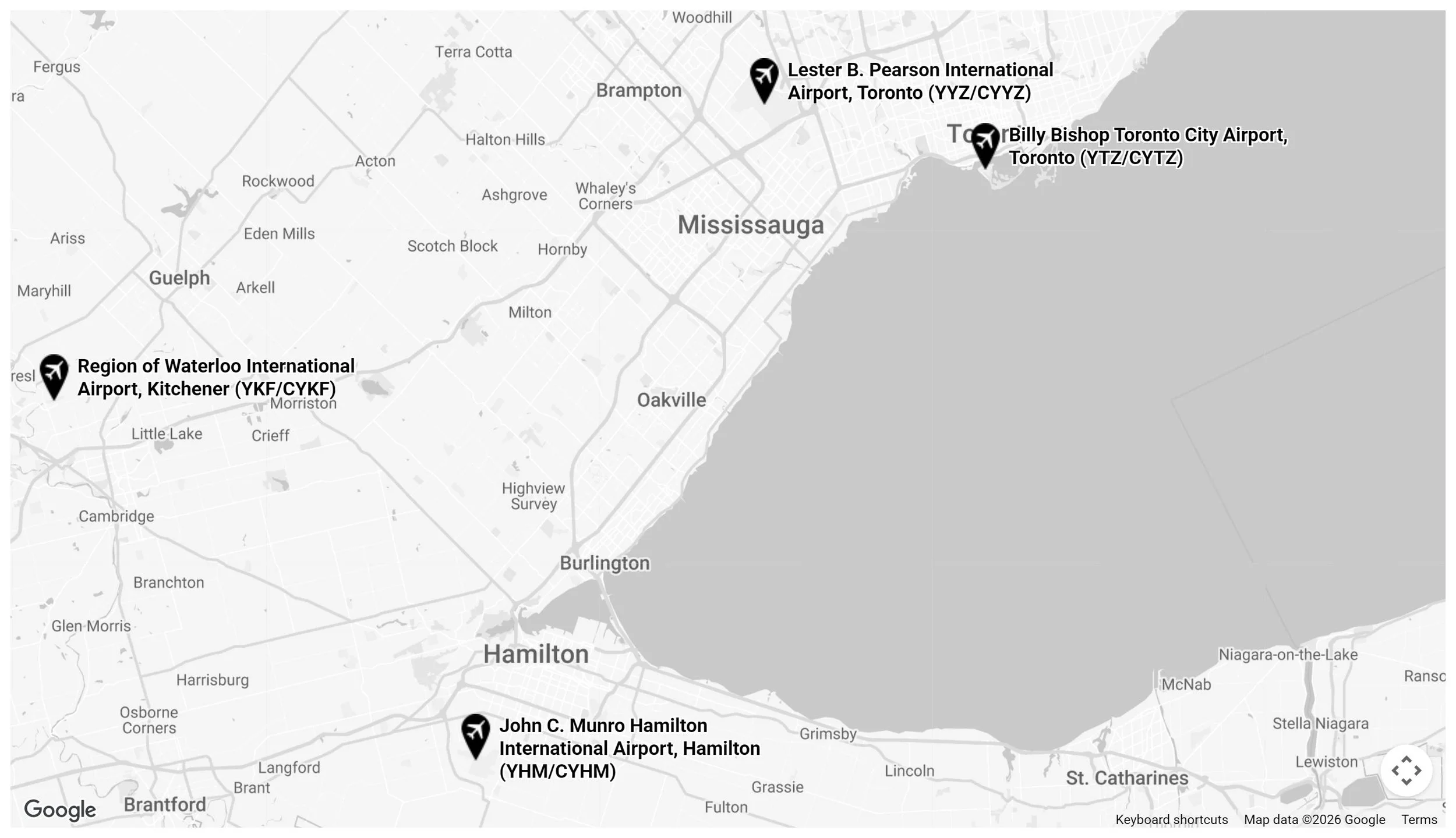Map of the main Toronto area airports