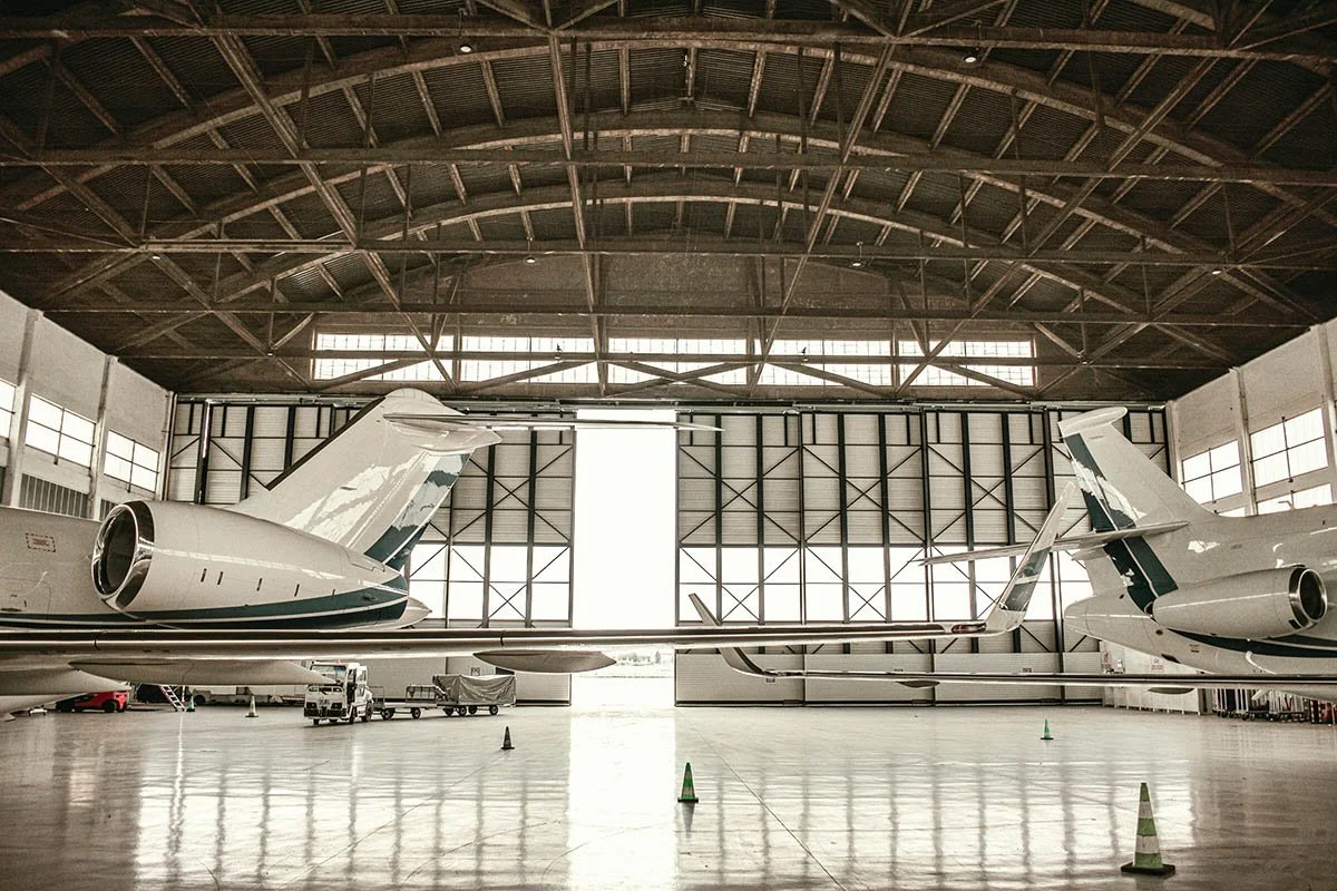 Private jets in hangar
