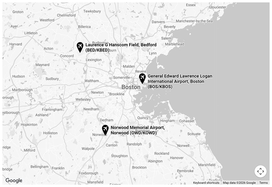 Map showing the popular airports in Boston for private jets