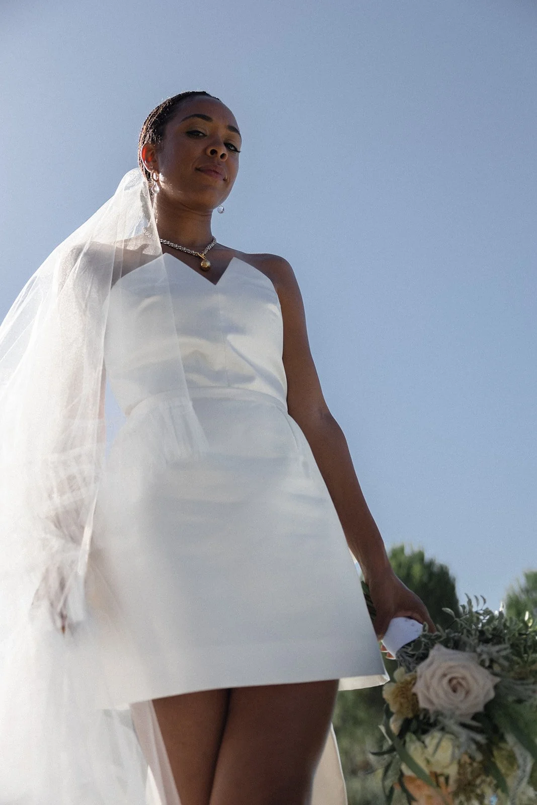 Bride portrait against blue sky, Spatia Comporta, wedding photography by The Lopes Photography, published in Together Journal