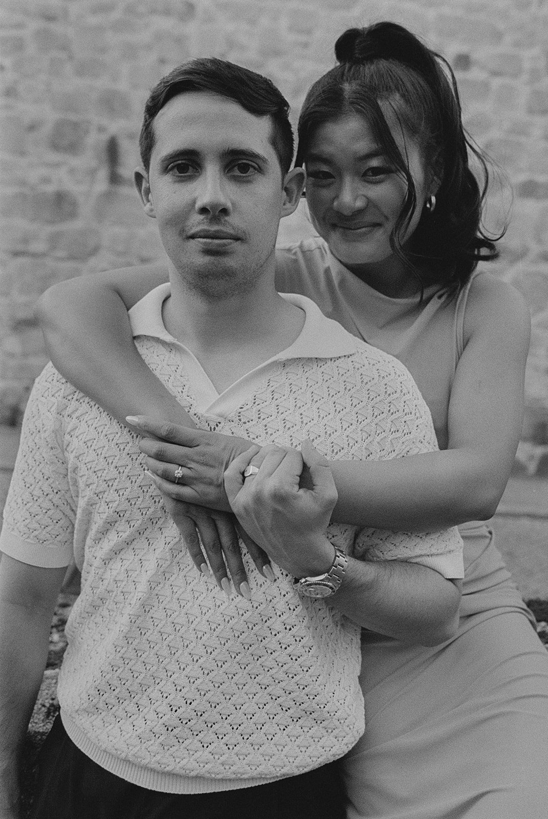 Couple portrait against stone wall in black and white, Porto, wedding photography by The Lopes Photography