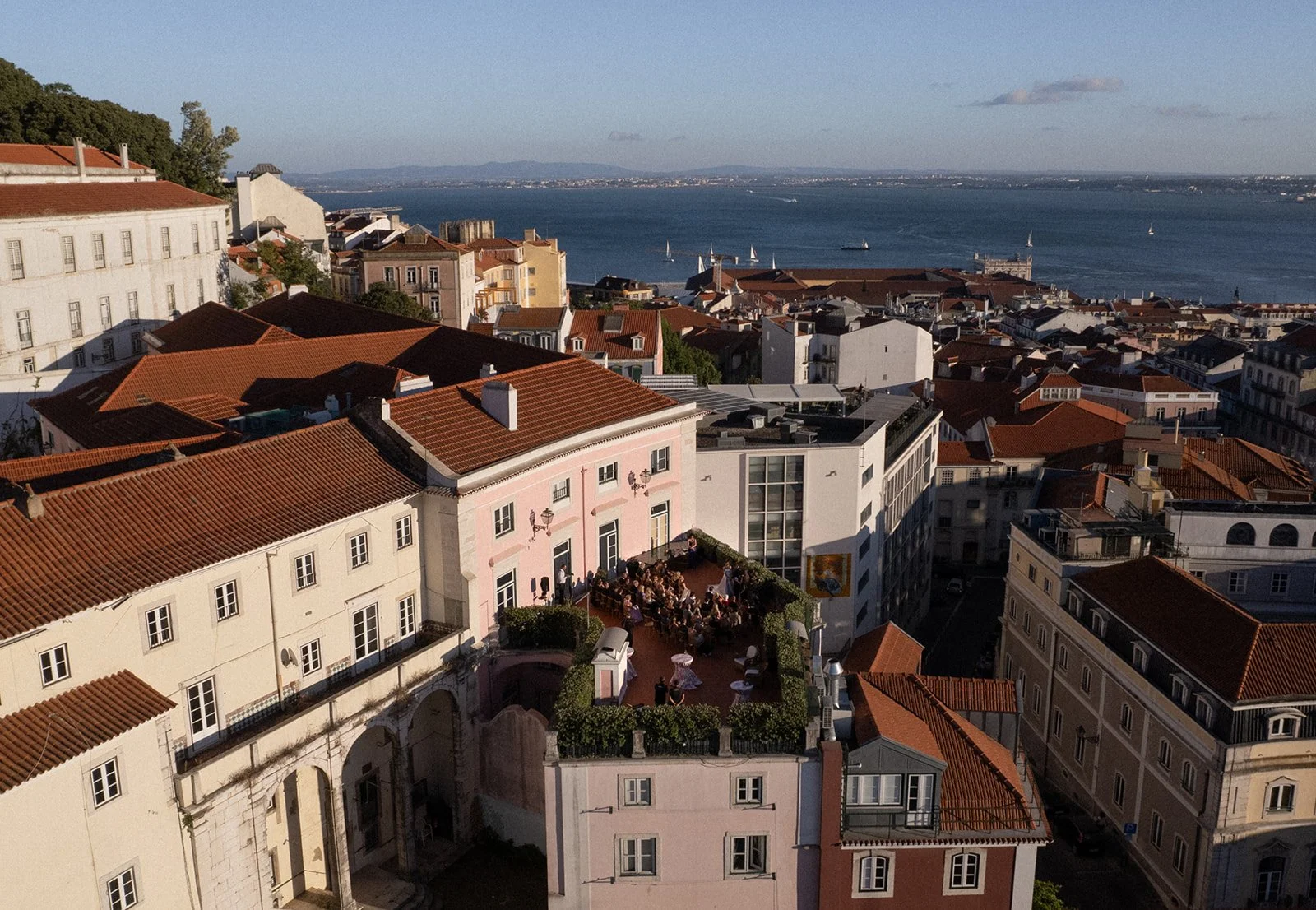 Aerial rooftop ceremony overlooking Lisbon and Tagus River, Palácio de Tancos, editorial wedding photography by The Lopes Photography