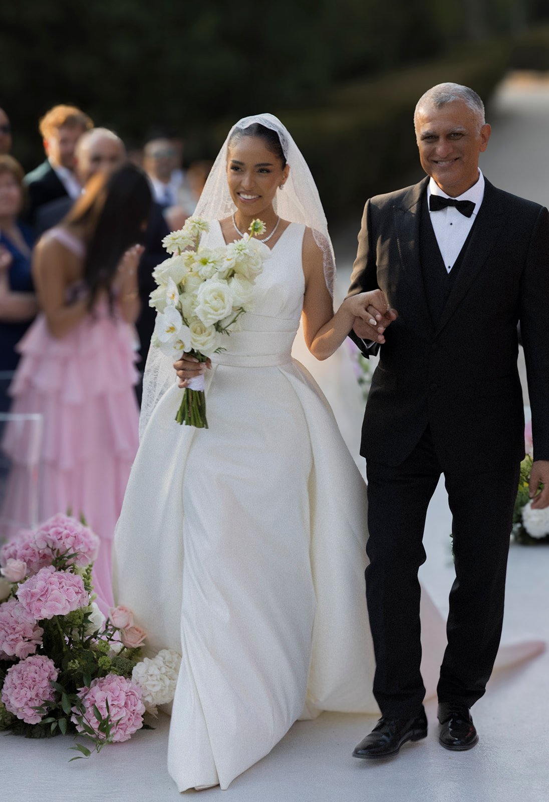 Bride walking the aisle with her father at golden hour, Queluz palace wedding photography by The Lopes Photography