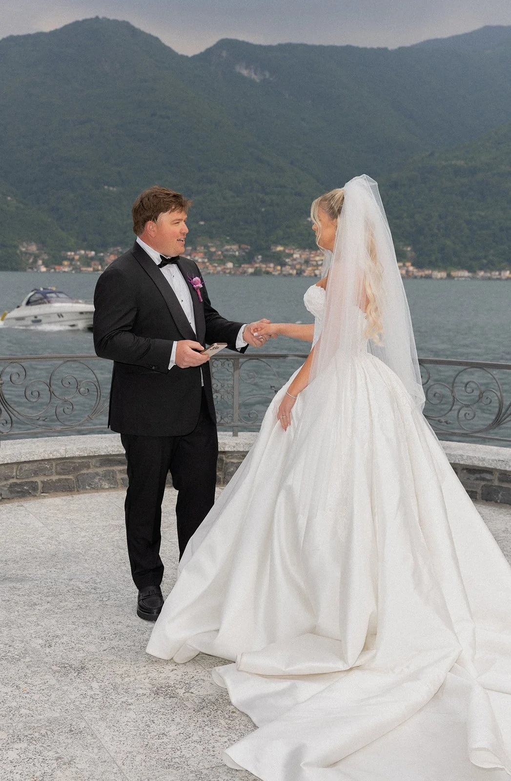 Couple exchanging vows on the lakeside terrace at Villa Balbiano, Lake Como, Italy, destination wedding photography — The Lopes Photography