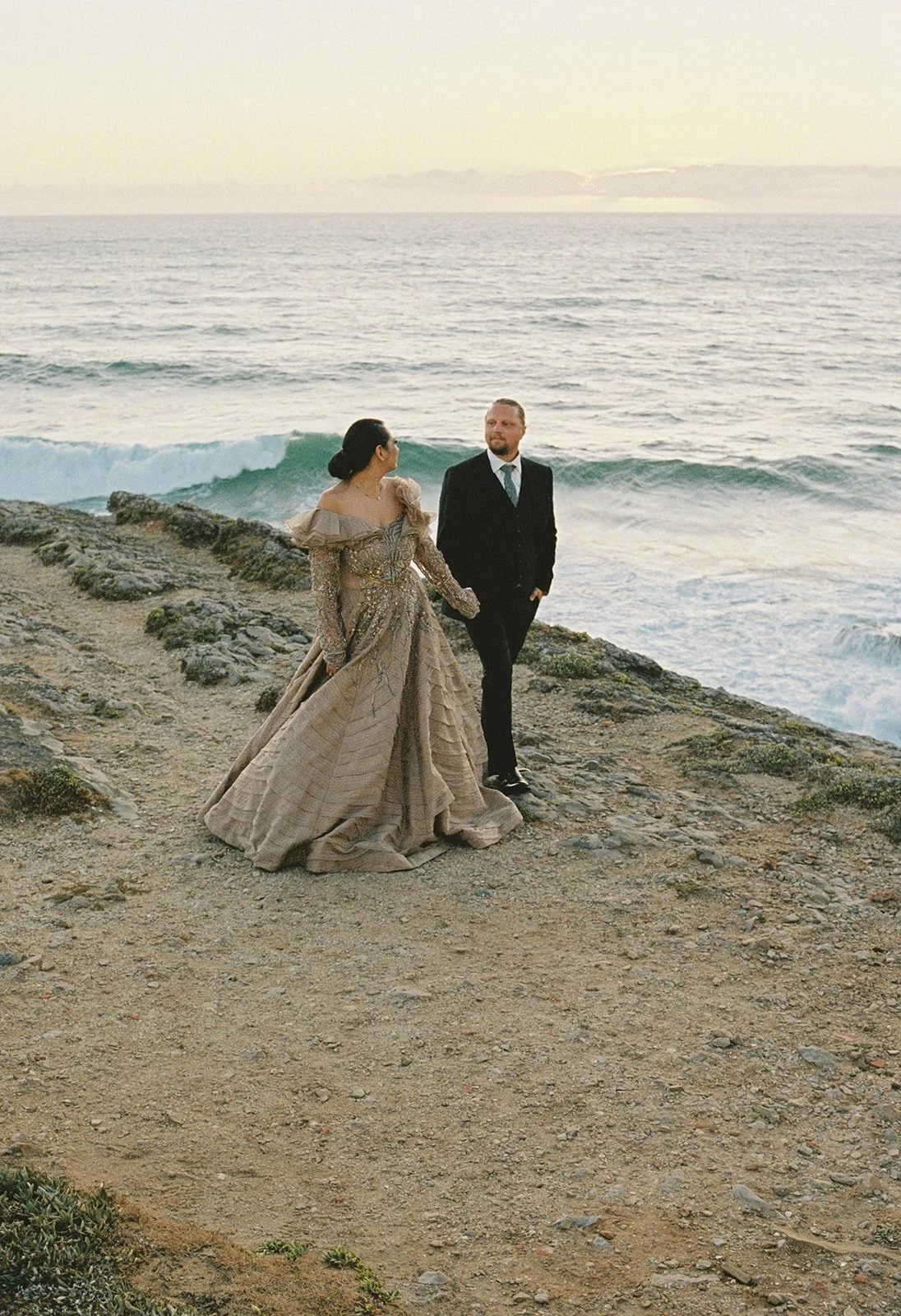 Golden hour editorial wedding portrait in Portugal showing the benefit of well-timed ceremony and portrait scheduling