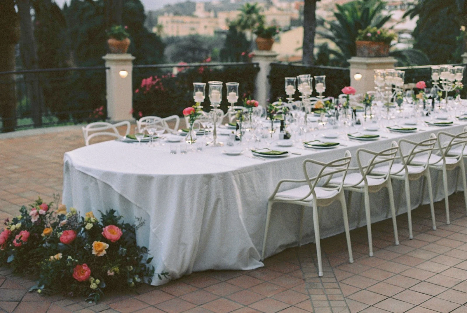 Terrace dinner table with black candelabras, Belmond Grand Hotel Timeo, wedding photography by The Lopes Photography