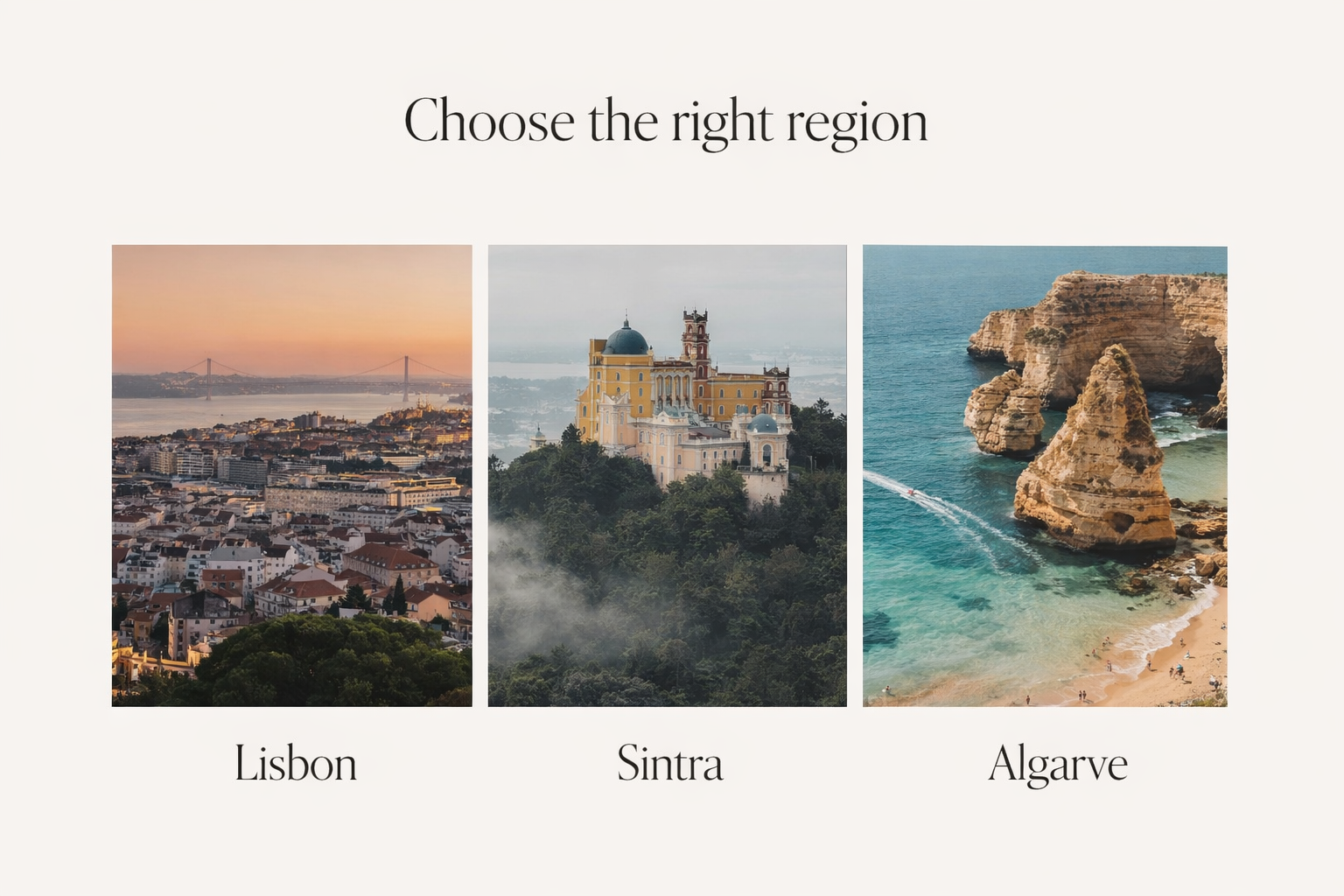 Comparison of Lisbon, Sintra, and the Algarve to help couples choose the right region for a destination wedding in Portugal.