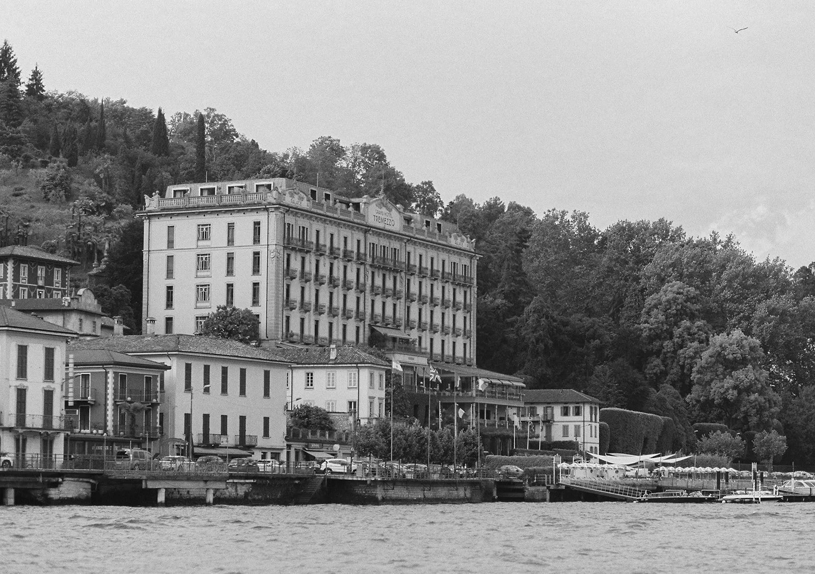 Grand Hotel Tremezzo viewed from across the water, Lake Como, wedding photography by The Lopes Photography