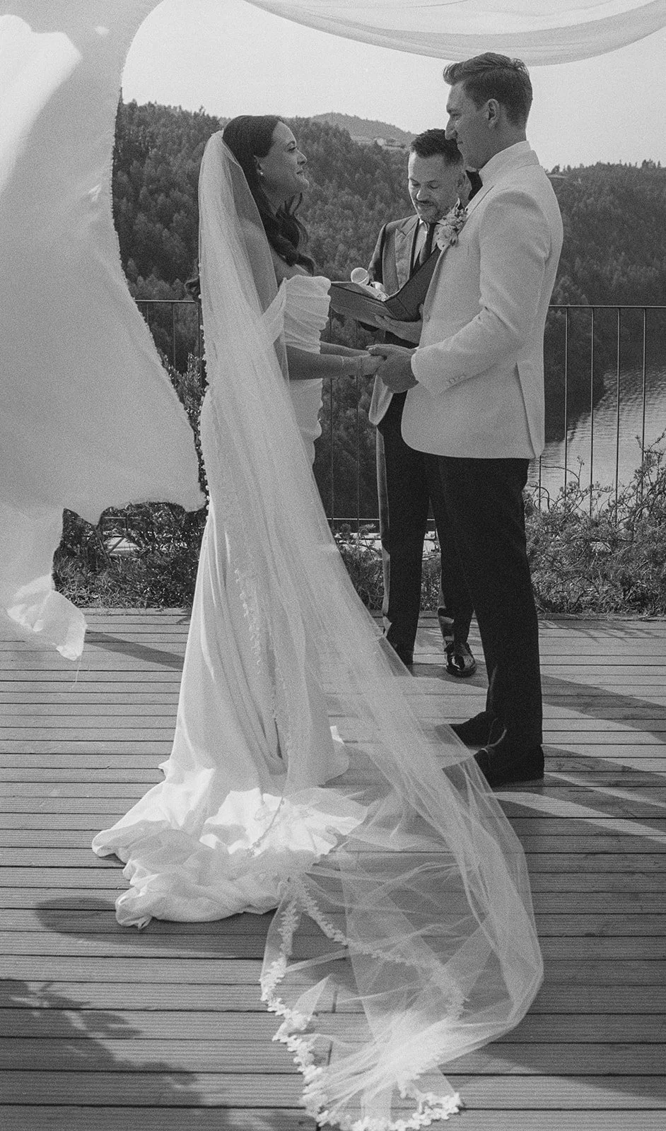 Ceremony on wooden deck overlooking forest mountain, Octant Douro, wedding photography by The Lopes Photography