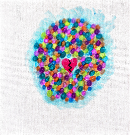  Artwork created on canvas. A red heart with a black crack down the middle is drawn at the centre. Surrounding the heart is a dense circle of small colourful dots in blue, pink, orange, purple, green, and brown. A light blue wash of colour surrounds 