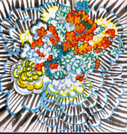  Artwork created on canvas. The design features layered, petal-like shapes outlined in black, radiating outward. Inside the shapes are clusters of smaller forms filled with bright colours including orange, yellow, teal, blue, and green. The backgroun