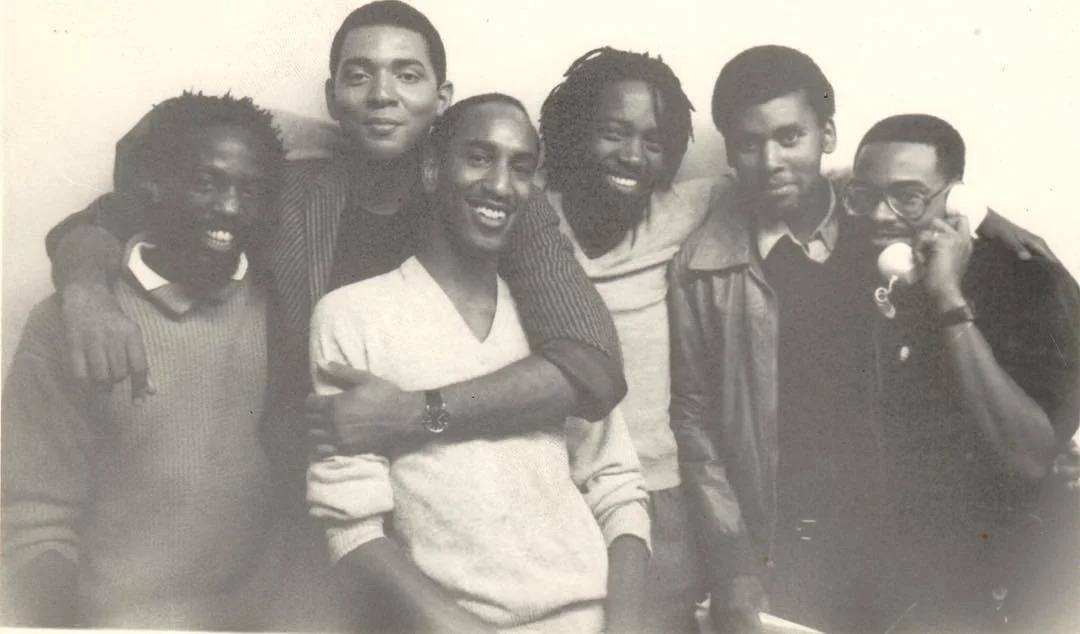 L to R: Essex Hemphill, Assotto Saint, Craig G Harris, Ray Melrose, Daniel Garrett, Colin Robinson • Photo by Joseph Beam (October 1985) - Image Appears in Evidence of Being: The Black Gay Cultural Renaissance and the Politics of Violence Courtesy of the Joseph Beam Estate