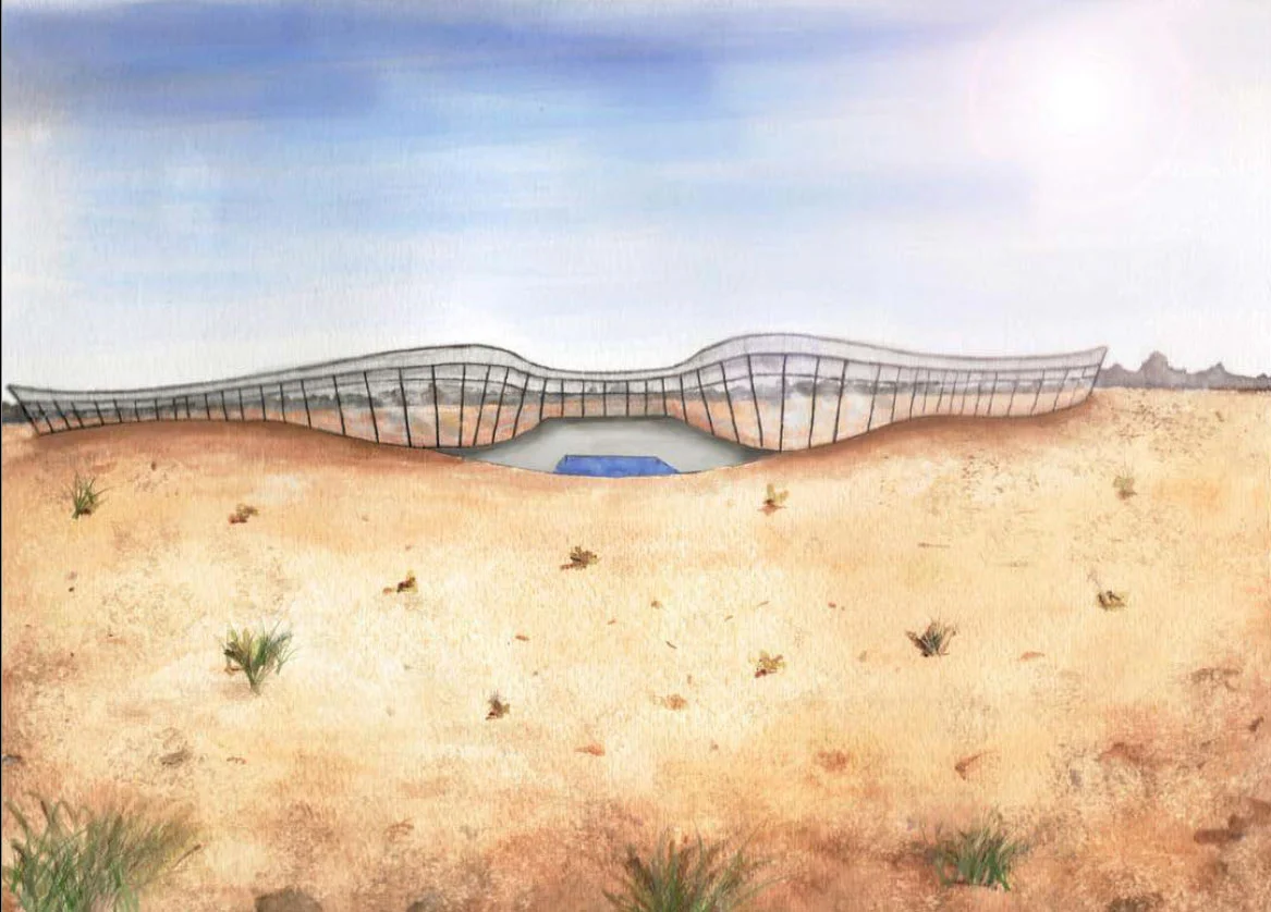 Double Negative is a land art piece located along the edge of the Mormon Mesa, created by Michael Heizer. The Double Negative lodge pays homage to the art by reflecting the surroundings on its exterior window as well as filling in the negative left from the art with the building footprint. Faculty: Anne Mooney