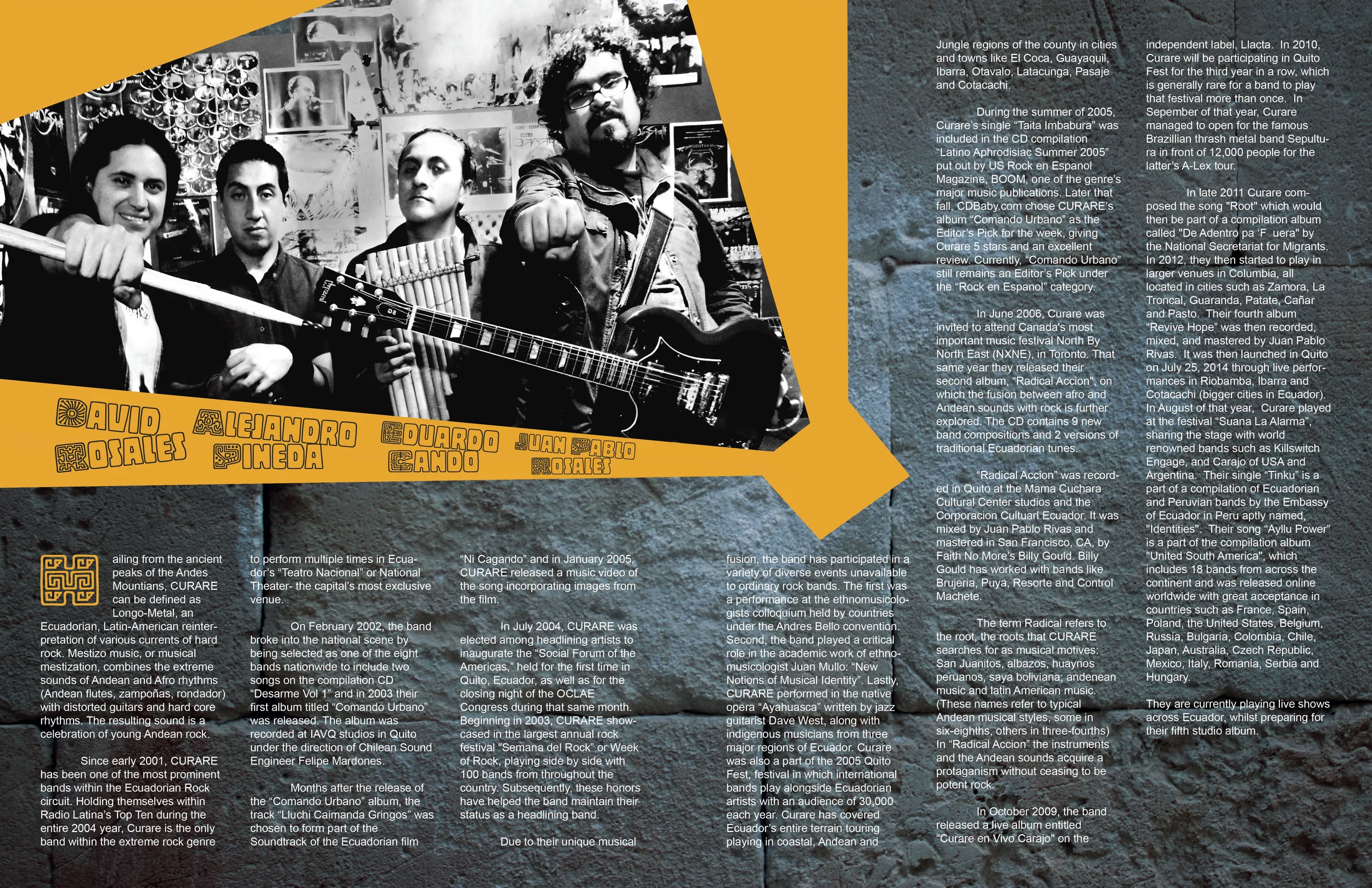  Mock magazine article project for the band Curare (2016)  Photoshop (graphics), InDesign (layout)   Link to original article:   https://www.last.fm/music/Curare/+wiki    