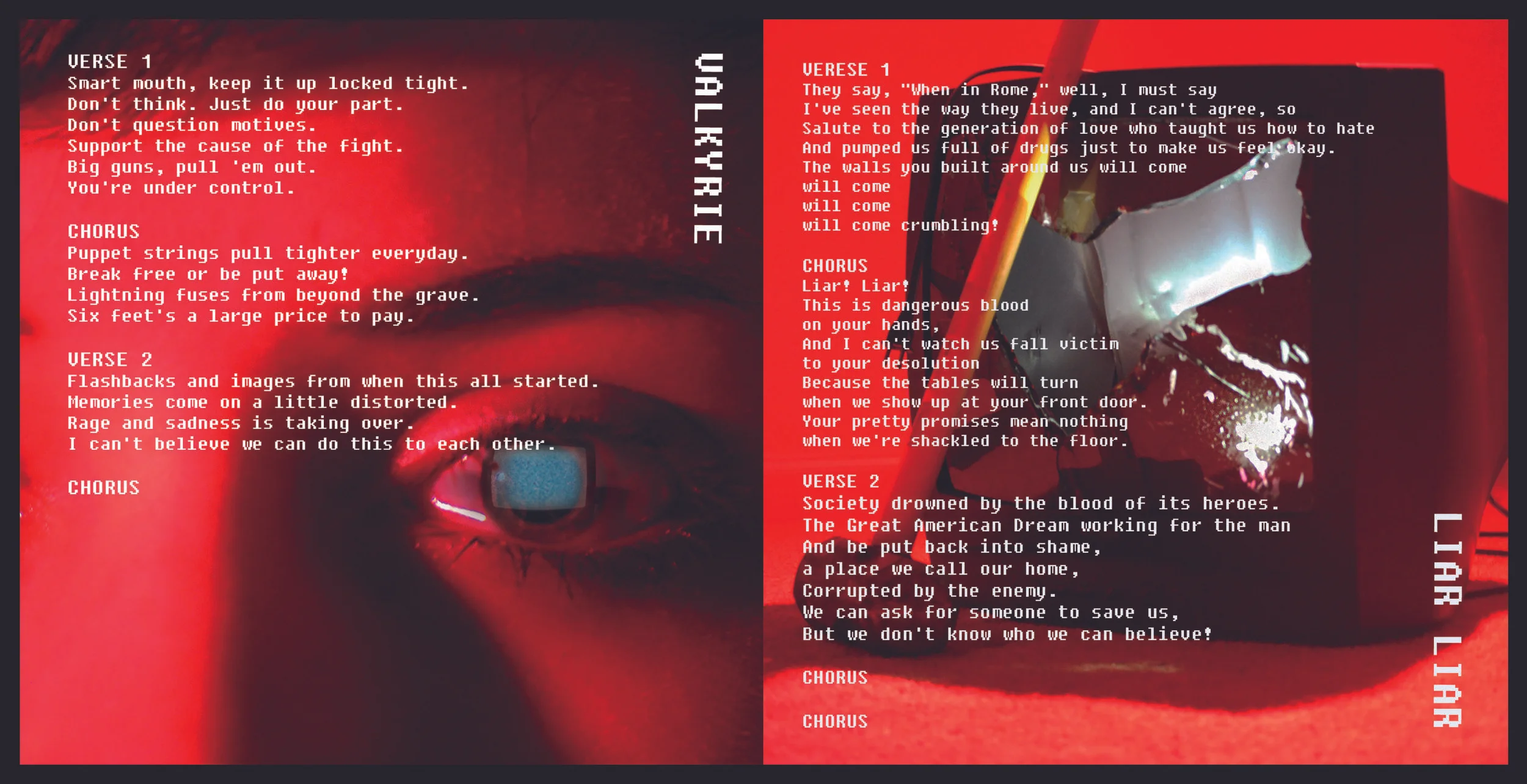   Blindside Drop LIAR Album Booklet 2  (2015)  Layout in InDesign, Photos taken by yours truly ( ;] ) with a Nikon d60, Photos edited in Bridge and Photoshop 