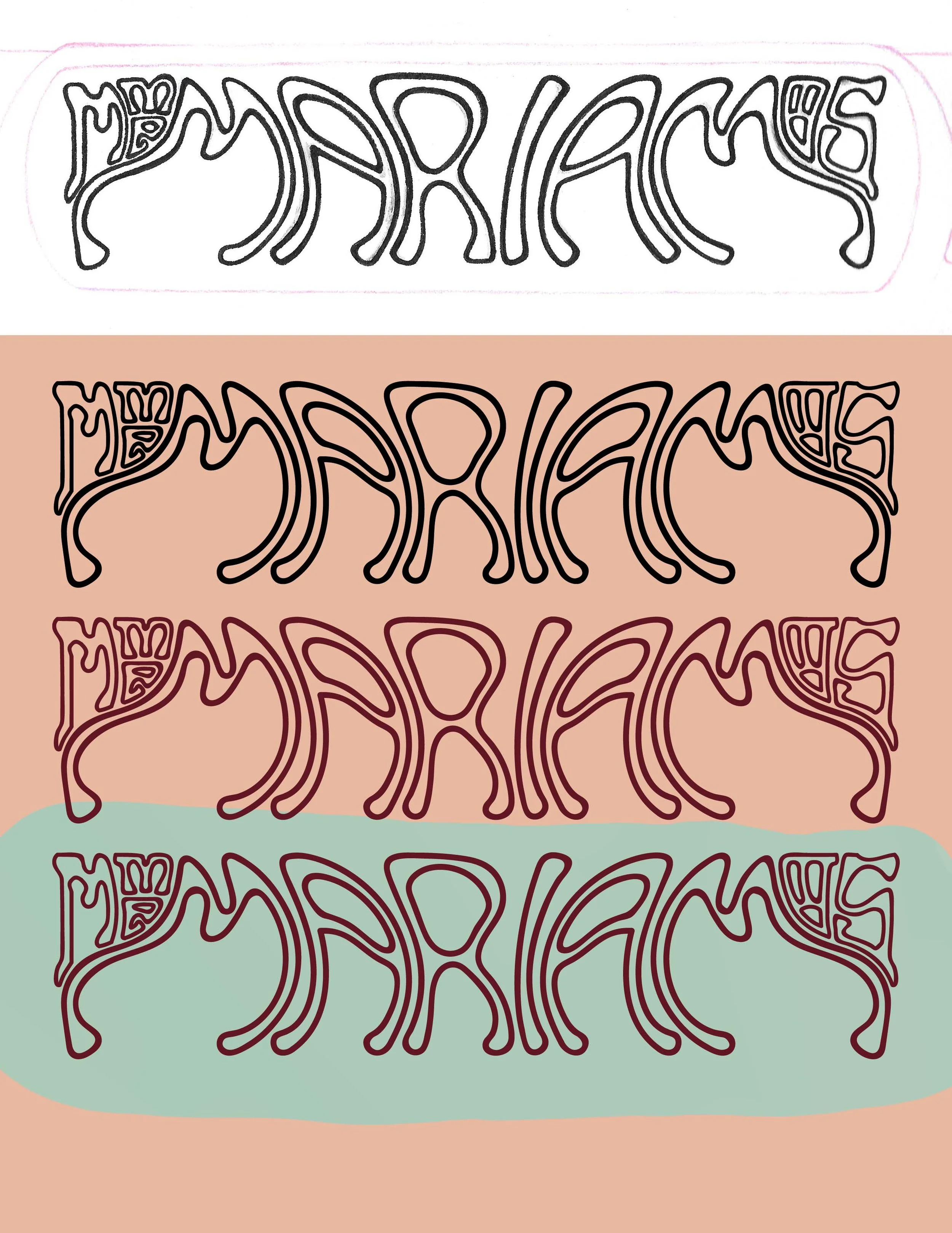   Mme. (Madame) Mariam’s  (2019)  Sketch (top) done with Prismacolor Col-Erase Pencil and Fineliners (Pigma Micron),  vector versions (bottom three) refined in Illustrator  A WIP mock brand that is a seller of delicious gourmet cookies with an Art No