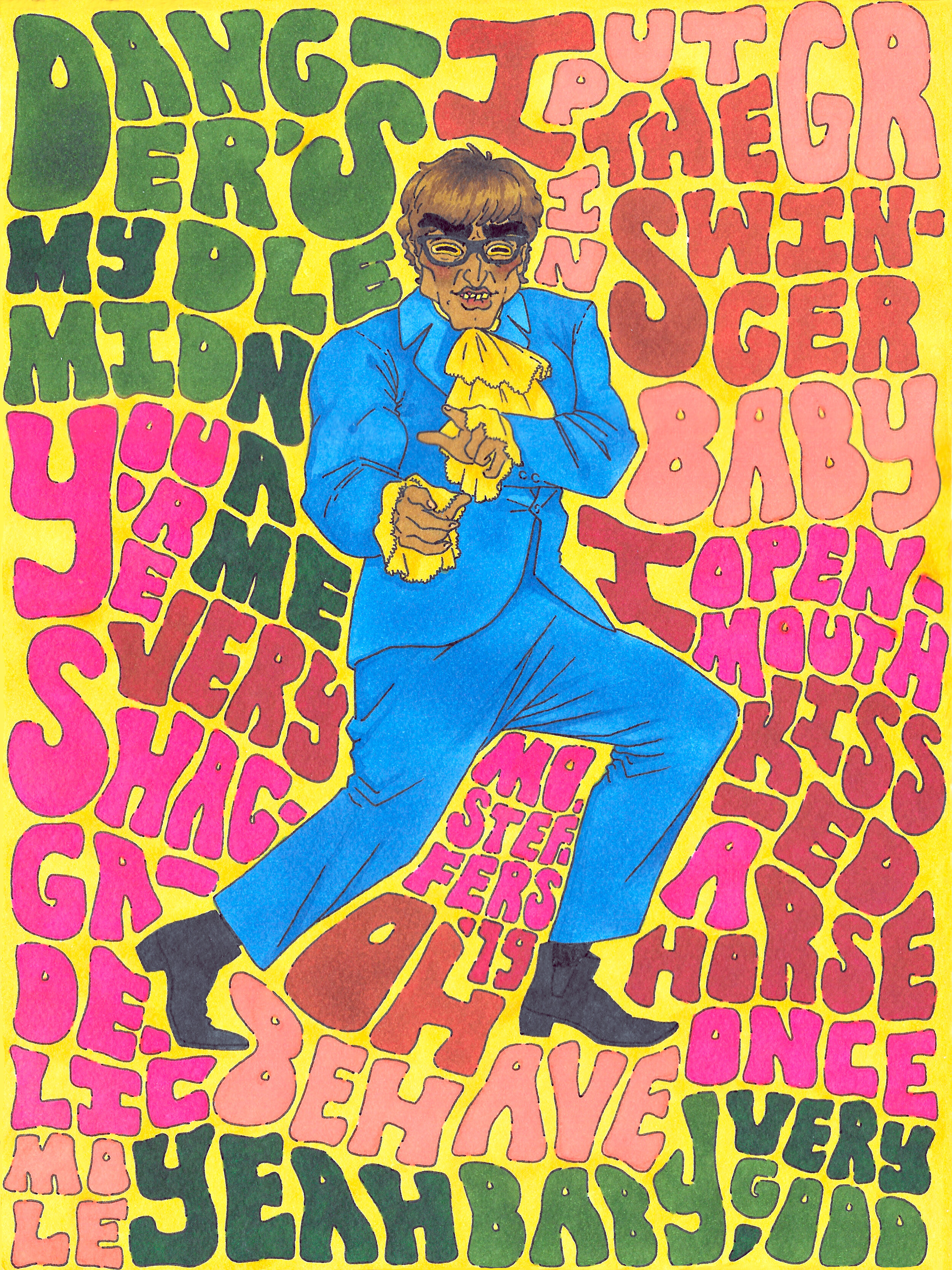 Art trade with Jonathan Adkins (@no.more.fun_) A Dude Impersonating Austin Powers (2019) 9”x 12”