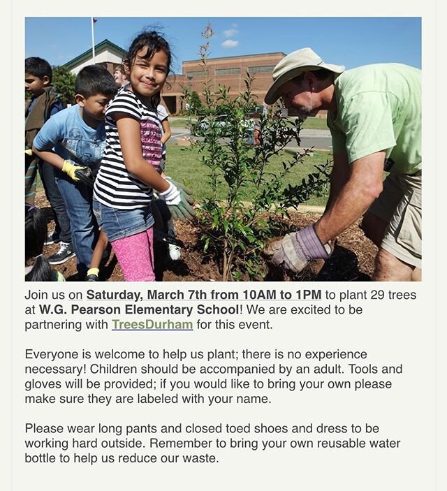 Join us for a Tree Planting at @wgpearsonsteamtigers this Saturday March 7th. @treesdurham and @keepdurhambeautiful are hosting this event and are in need of volunteers. Sign up for this event on our website by following the link in our profile. If y