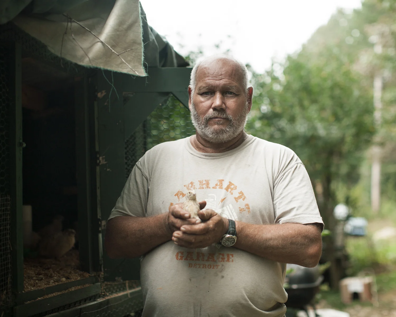 Elle Olivia Andersen . September 28th, 2014. Donnie holds one of his quails outside of his home in Pickens, Pickens County, South Carolina. I met Donnie on the side of the road where he sells and trades pieces of scrap metal. After talking to him for a while, he began to take me around his home and show me his pigs and chickens and I met his wife, Pat. He was most excited about showing me his quails in which he says he owns fourteen peanut butter quails, five zebra quails and five snowflake quails. I asked him which were his favorite, he replied" All of 'em. They will lay eggs but will not set. But the ones in the wild will. These right here is wild as a buck. They get loose, they gone. I just got into collecting them, I don't know why I did".