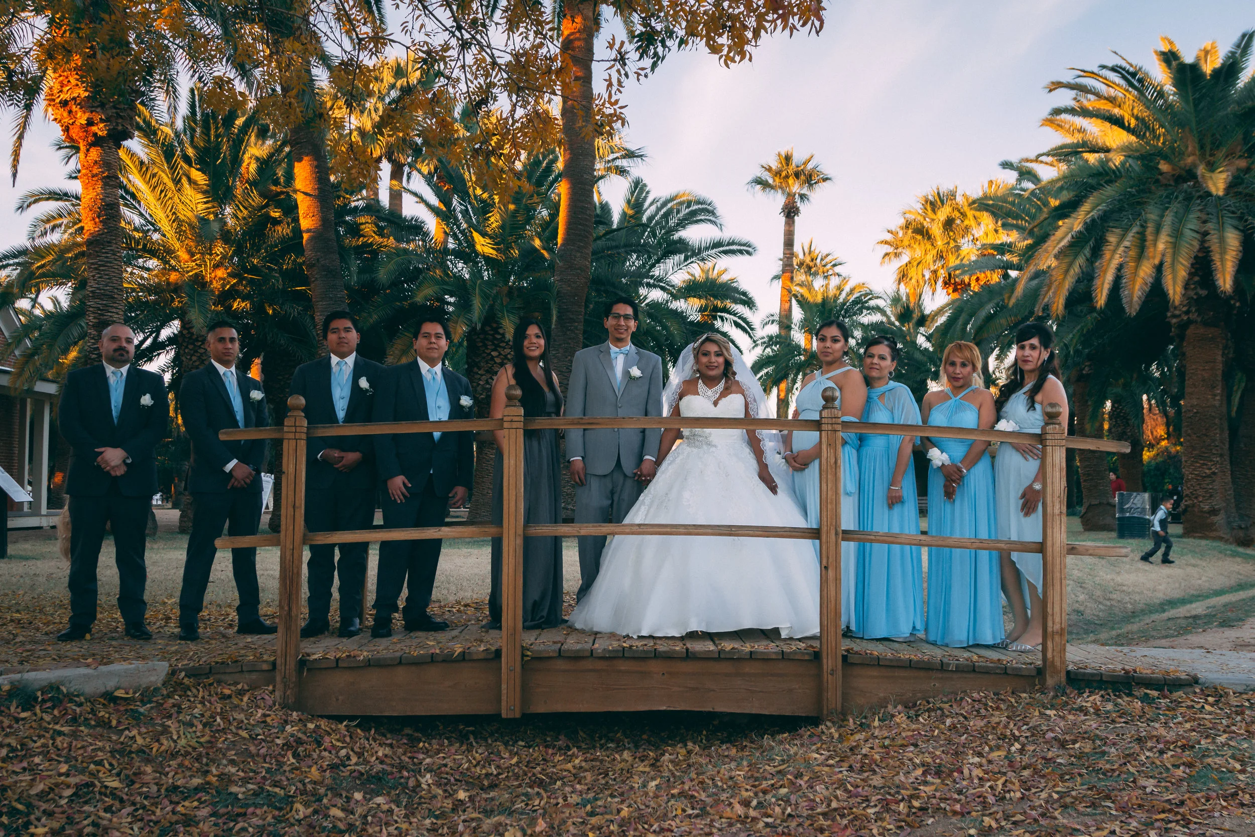 Full wedding party group portrait under a wooden arbor with palm trees, wedding photography by Everlux Photo Co.