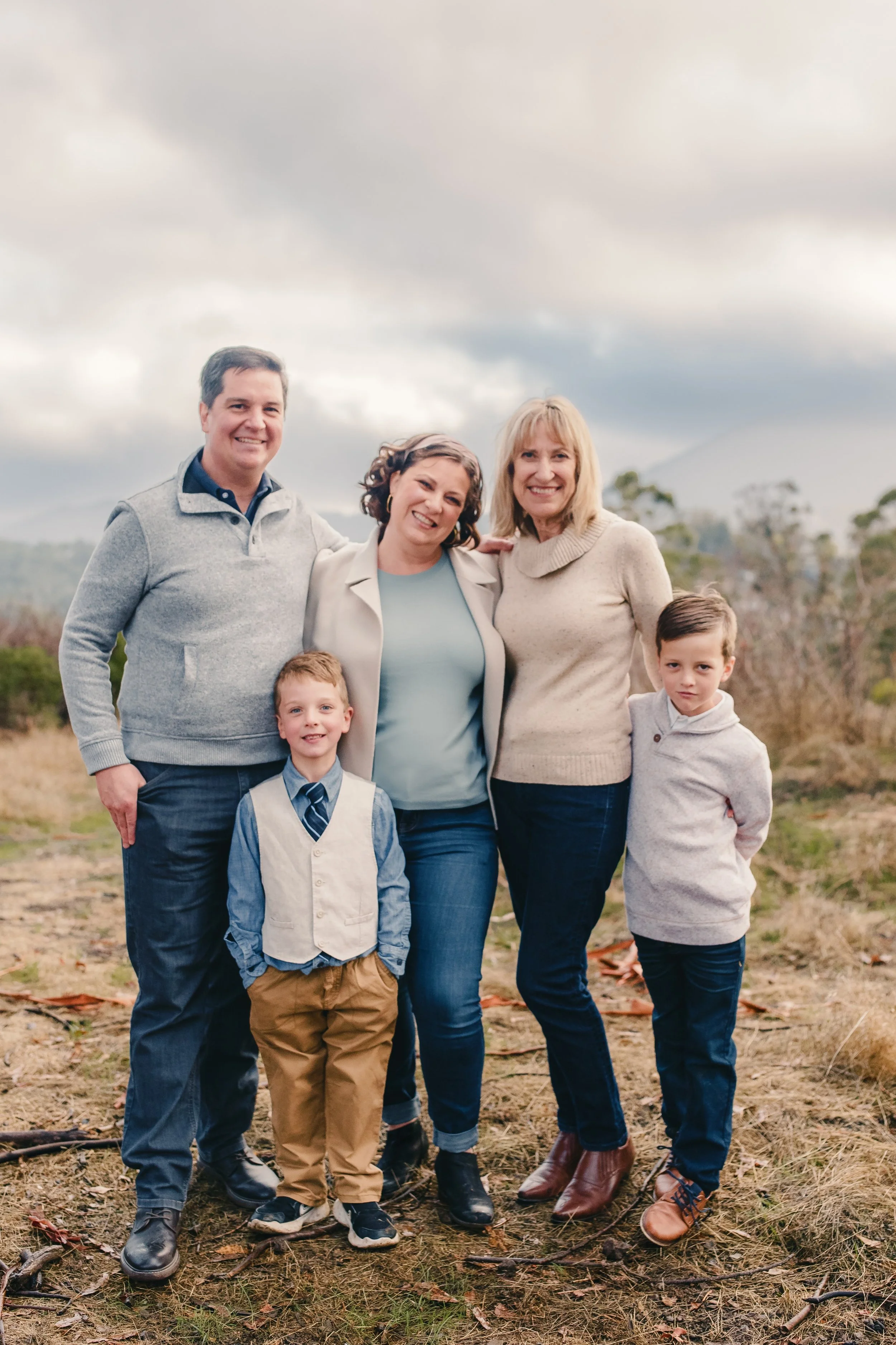 Extended family posing together outdoors during a family photo session in Marin County, California.