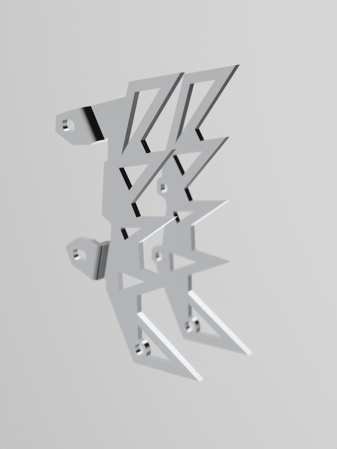 A modern, abstract wall art piece with geometric shapes and cut-out letters arranged in a layered, three-dimensional design.