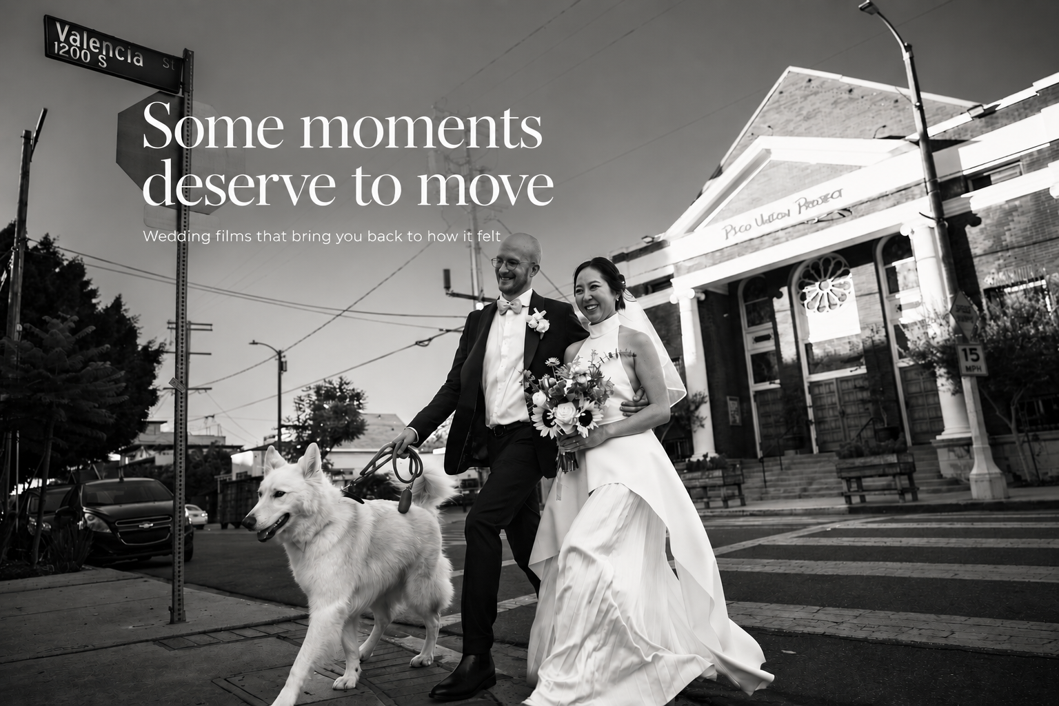 Joyful newlywed couple walking with their dog in Southern California, photographed by Natalia Bell Photography & Film