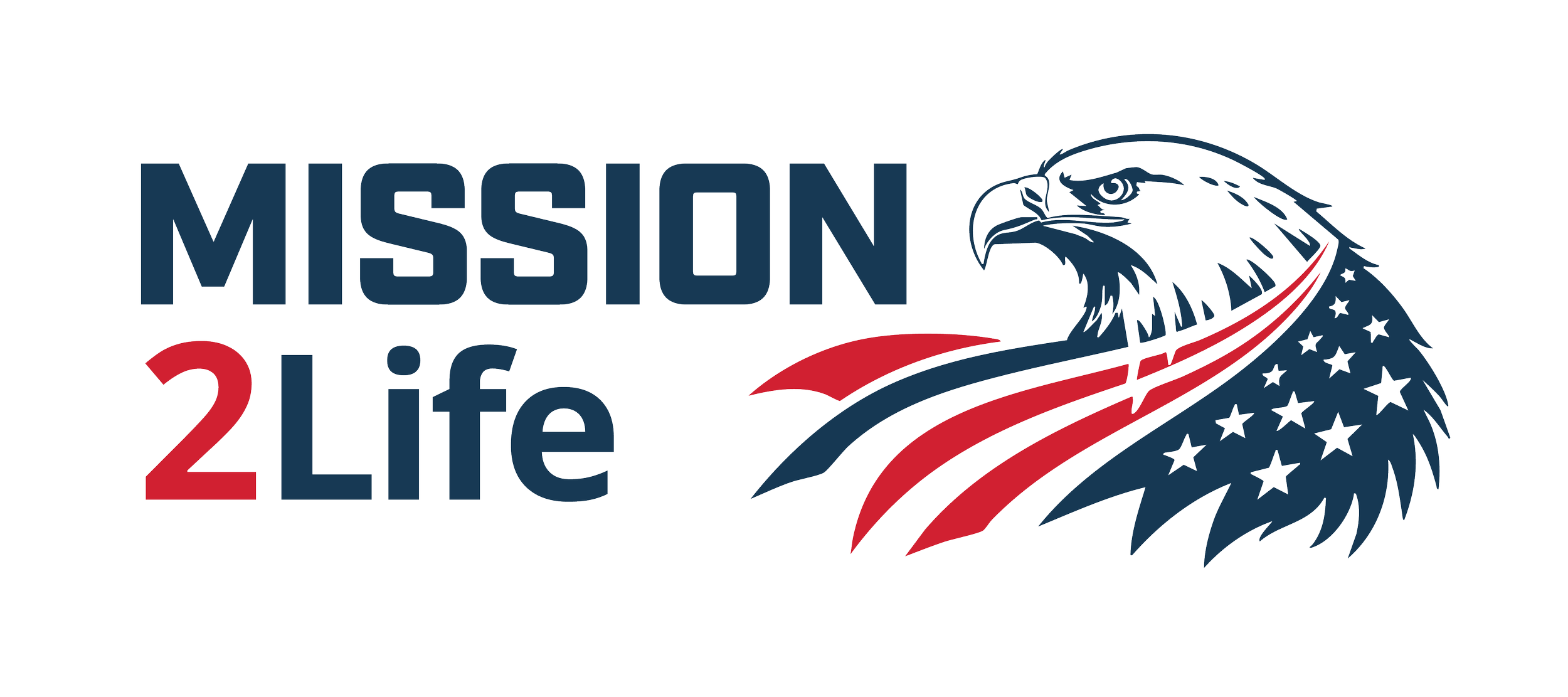 A logo for the non-profit Mission2Life, showing the words "Mission 2 life" and a bald eagle draped in an american flag.