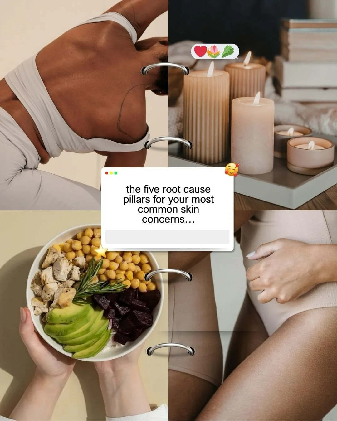 9/10 chronic skin issues are connected to digestion, hormones, stress, and blood sugar imbalances.

When internal drivers are stabilized, in-clinic treatments and at-home routines are likely to perform better.

Long-term skin health requires internal