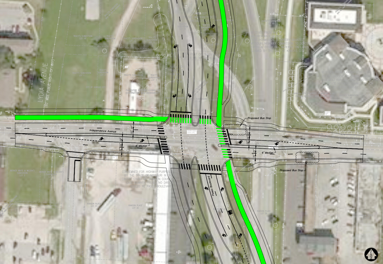 The Paseo Gateway will include new sidewalks, an improved intersection, and separated bike paths (green). BPAC approved this plan yesterday.