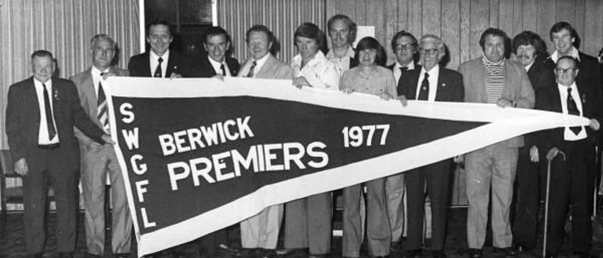 Left to Right: Arch Brown, Dick Aisbett (President of SWGFL), Barry Johnson (President Berwick FC), Jim Hower (Secretary Berwick FC), Cr Ron Irwin (V-Pres. Berwick FC. President 1978 Premiership), Jim ‘Frosty’ Miller, (Senior player -Kicked 202 goals in 1977), Alan Moulden, John Wright (BFC Treasurer), Lyle McGill (B.F.C J/Vice President), Frank Elliott (Past President BFC and then VCFL District Delegate), Peter Robinson (Team Manager for BFC and Trainer SWGFL), John Callery (Senior Player, B & F), Daryl Nisbett (Senior Coach 1977 – 1980), Bill Williamson (Life Member of BFC, SWGFL and VCFL).