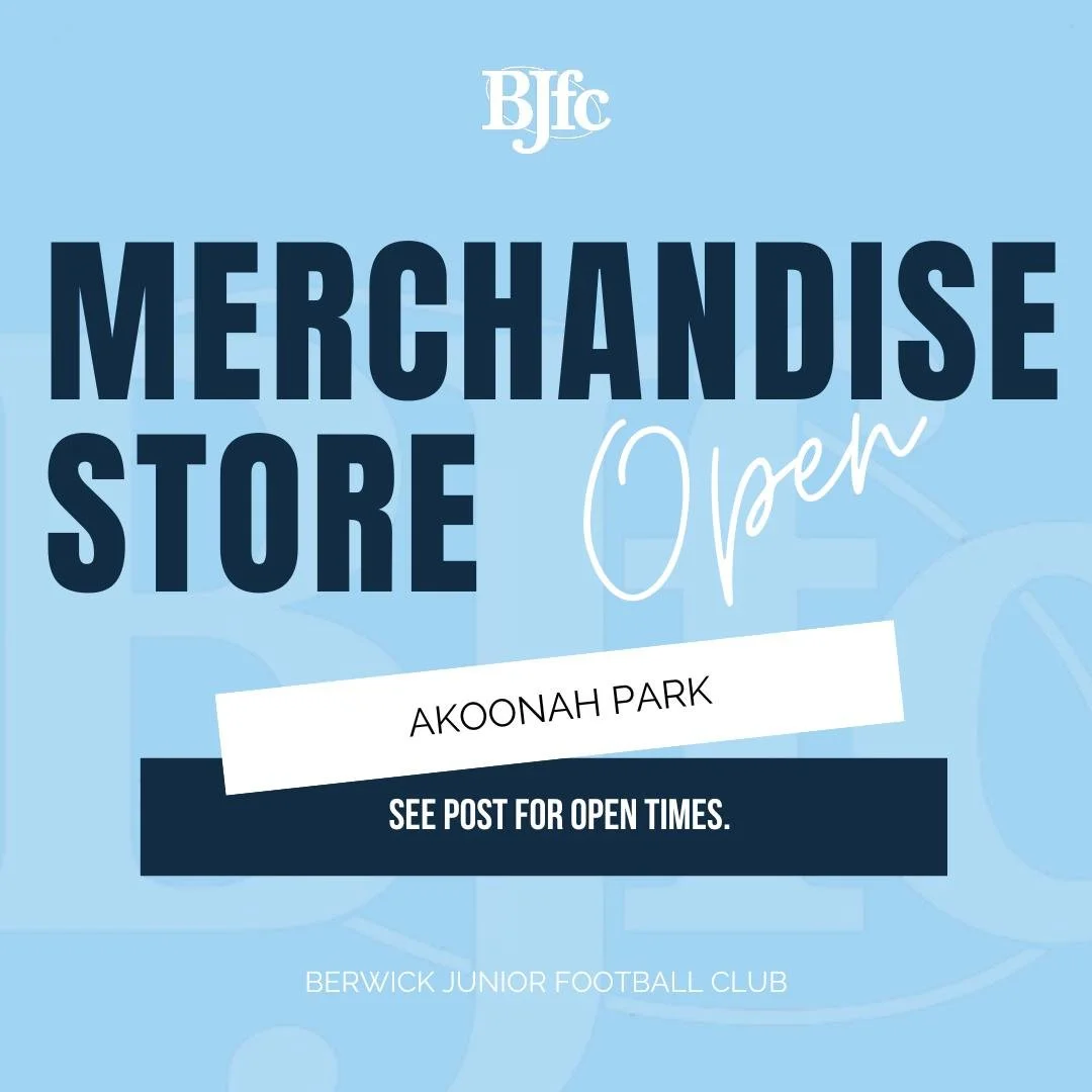 Our Merch Store will be open on Friday 6th March from 5:15-6:15pm at Akoonah Park for the sale of playing shorts and socks only.

Our online store will be open shortly for all off field merchandise.