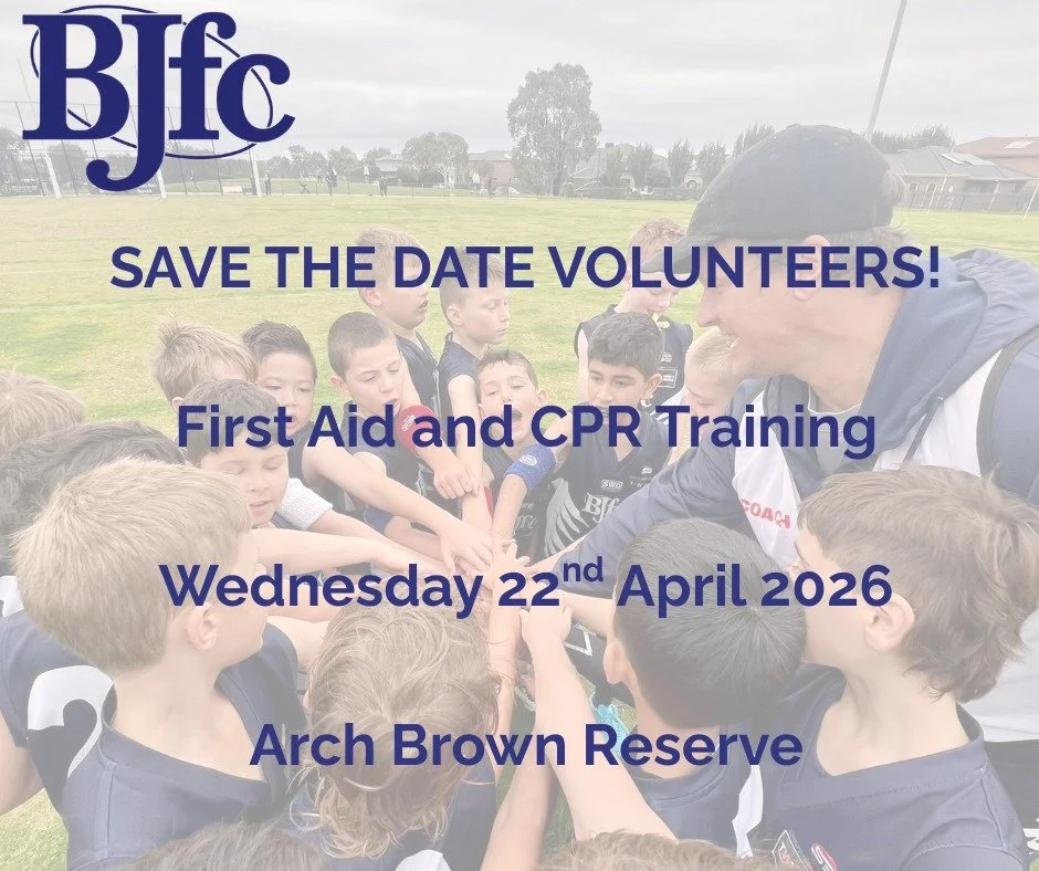 Open to any of our parents who wish to volunteer in any of the below roles:

Coach
Assistant Coach
First Aider

If you would like to reserve your spot, please contact Mark our First Aid Coordinator at firstaid@bjfc.com.au

Limited Spots Available!