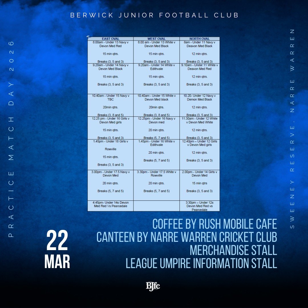 We are thrilled to announce our Practice Match Day at Sweeney Reserve on 22 March 2026.

* subject to change.