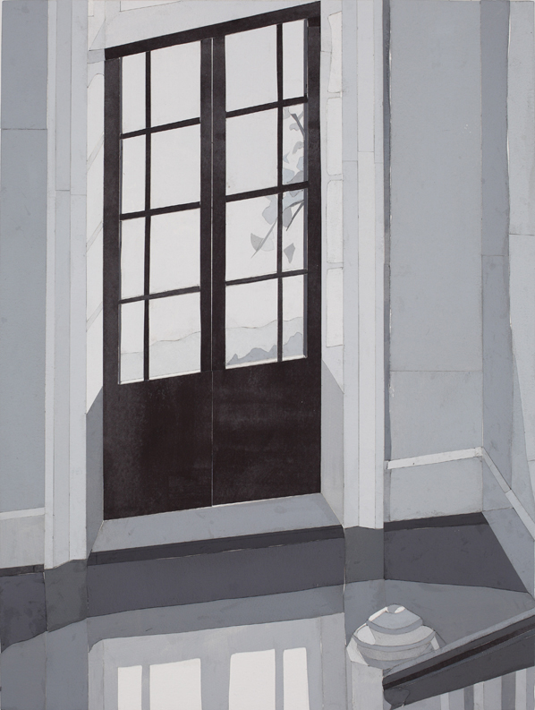 Halfway down the stairs...at the Homestead, Acrylic on paper, collage on board, 53 x 40cm, 2015