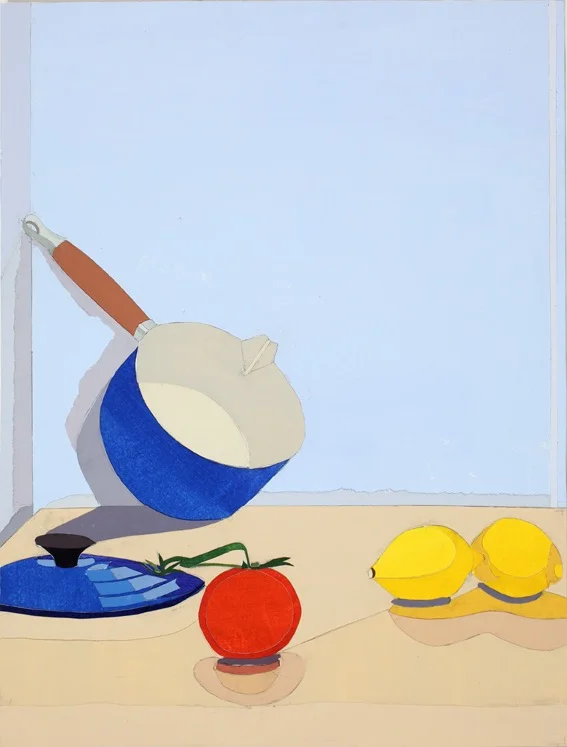 Pot with Lid, Acrylic on paper, collage on board, 47.5 x 36cm, 2011