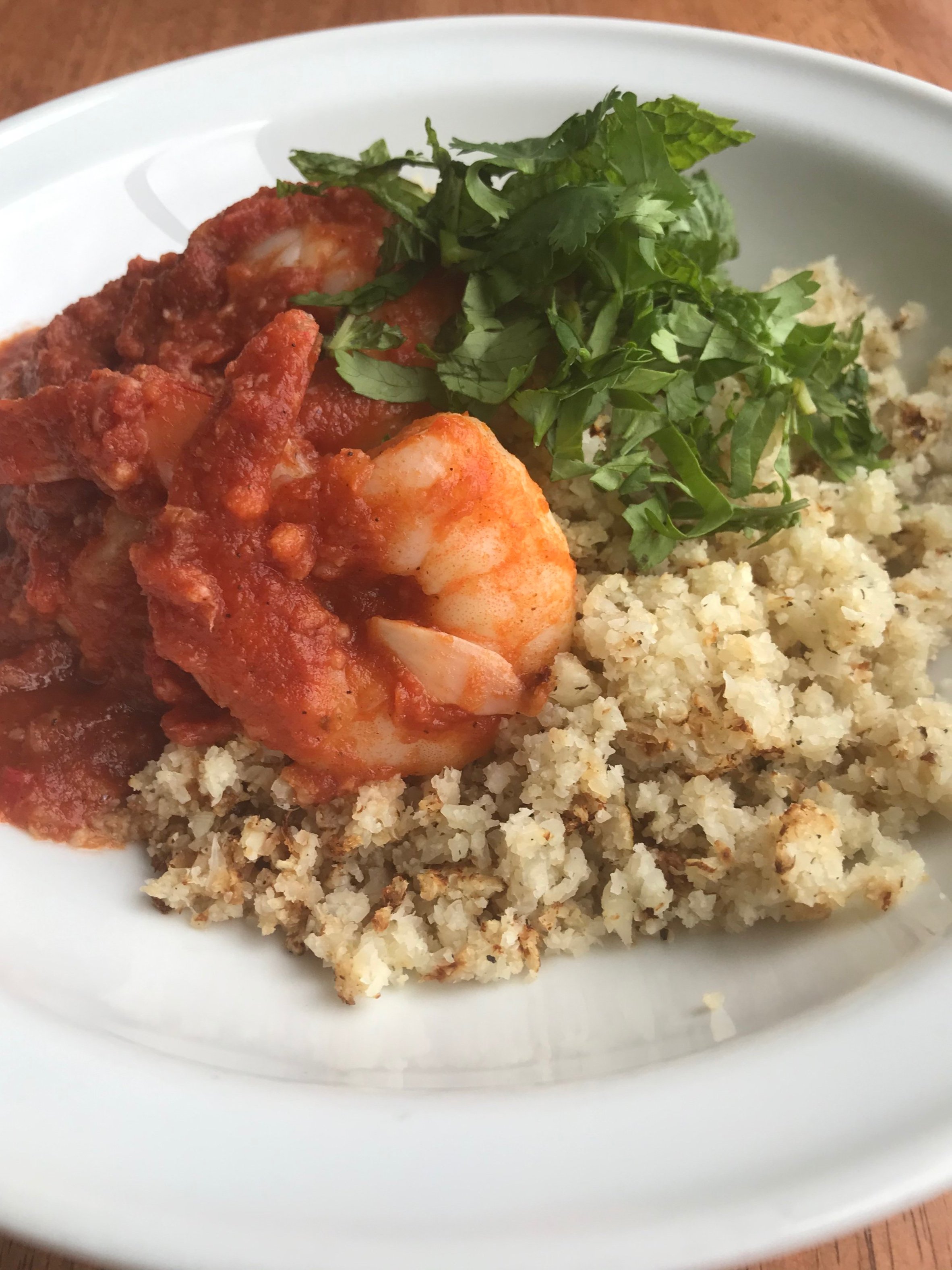Prawns In Spicy Tomato Sauce On Cauliflower 'Rice' When Stocks Are Low