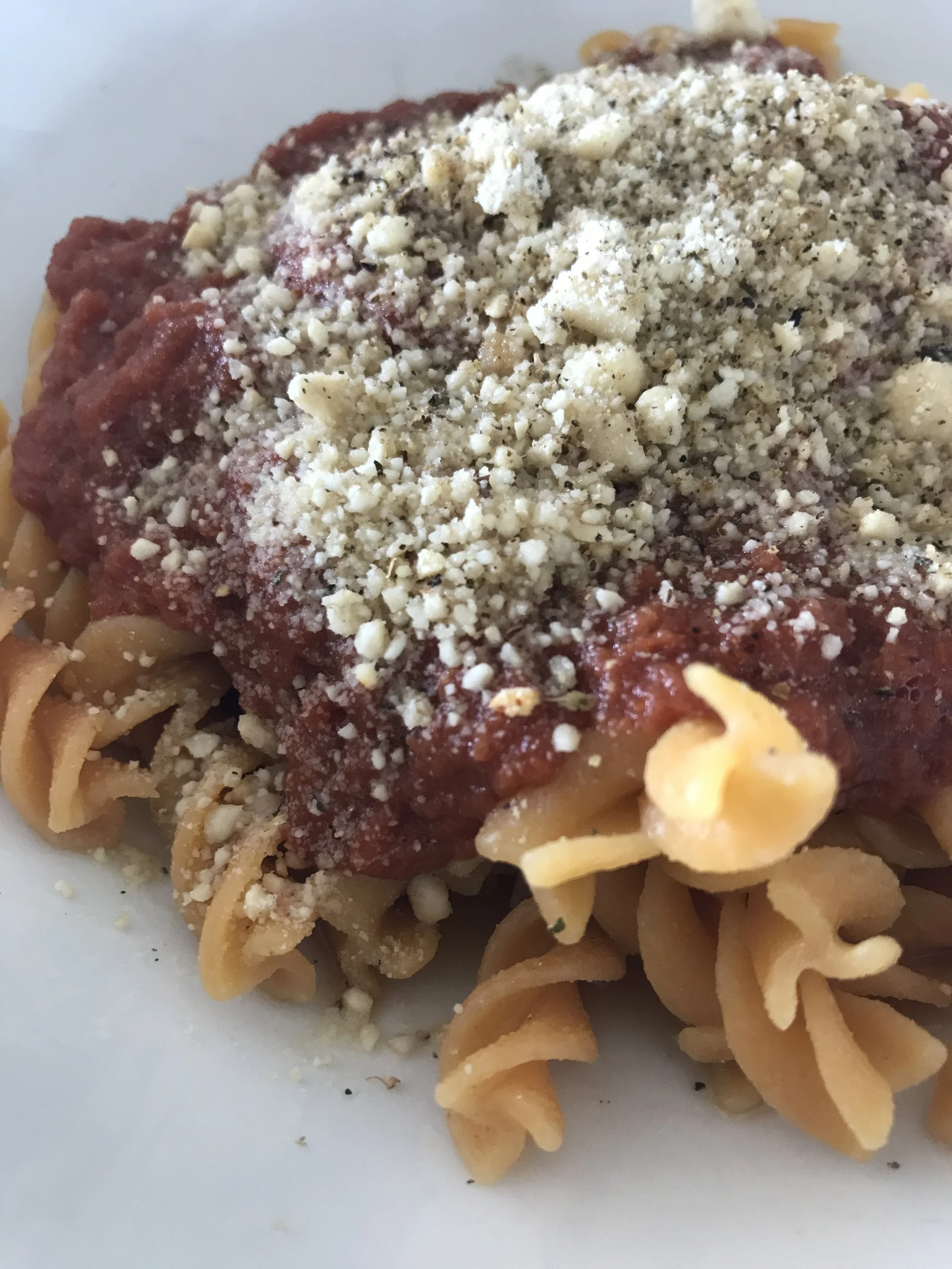 One Of My Favourite Fast Meals...Raw Marinara Sauce On Red Lentil Pasta With Cashew Nut 'Parmesan Cheese'