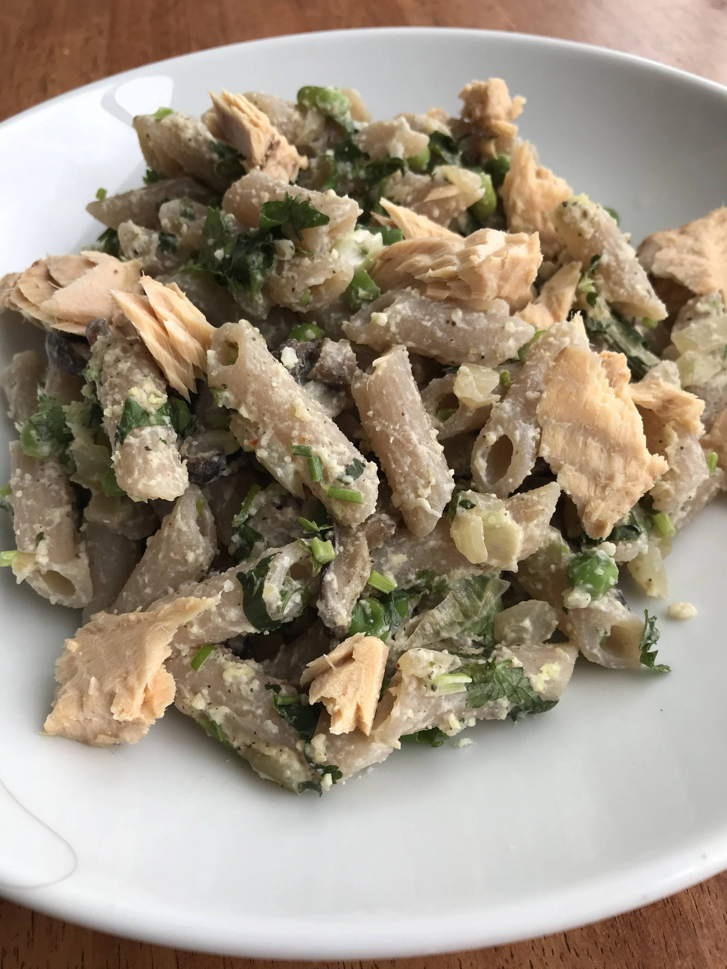 A Pasta Dish You'll Remember ... Lemon Cassava Penne With Herbs, Mushrooms, And Peas Topped With Wild Caught Salmon