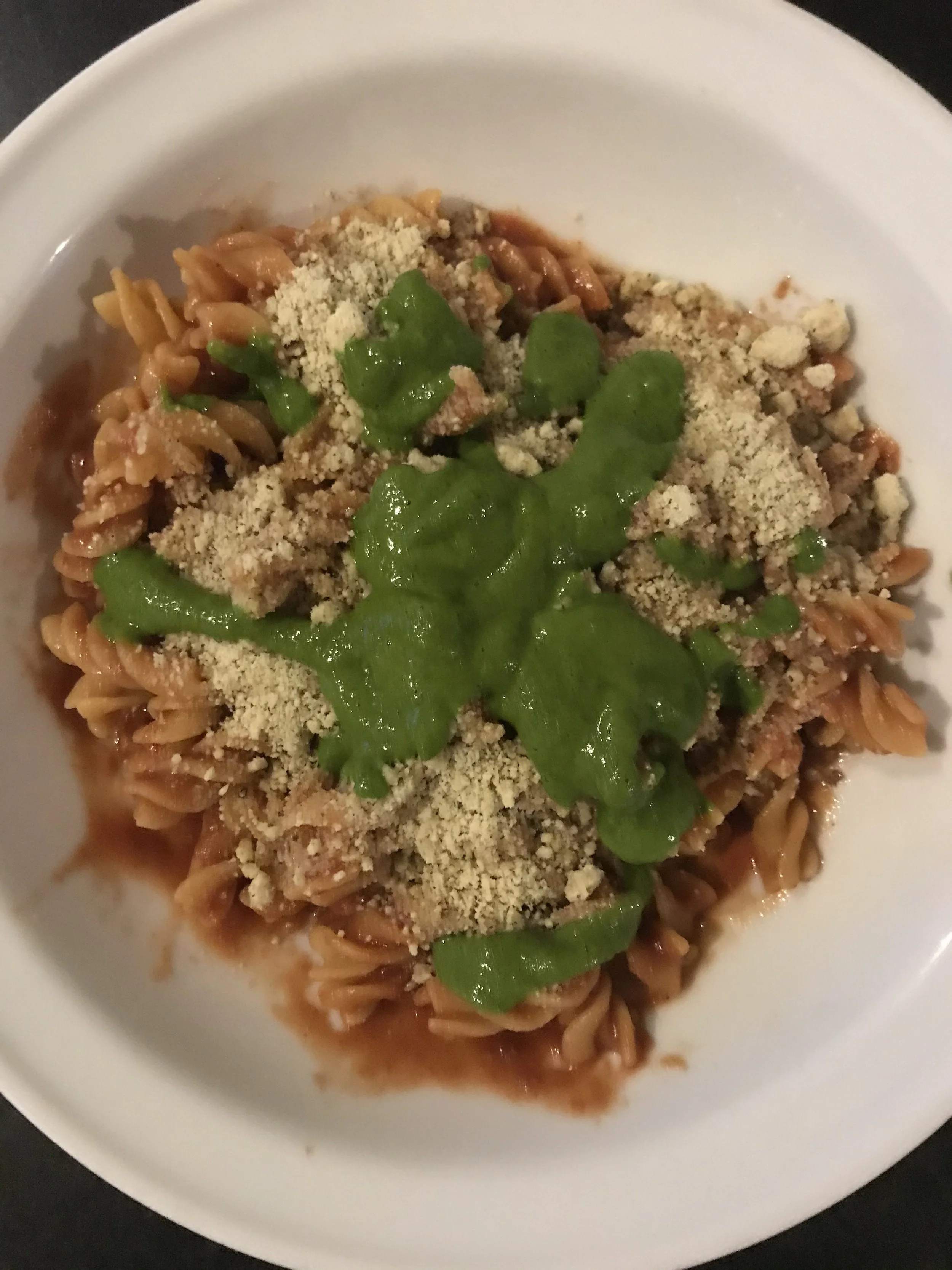 Dinner Tonight Is Red Lentil Pasta With Raw Marinara, Cashew Nut 'Parmesan Cheese' and Fresh Basil Pesto!